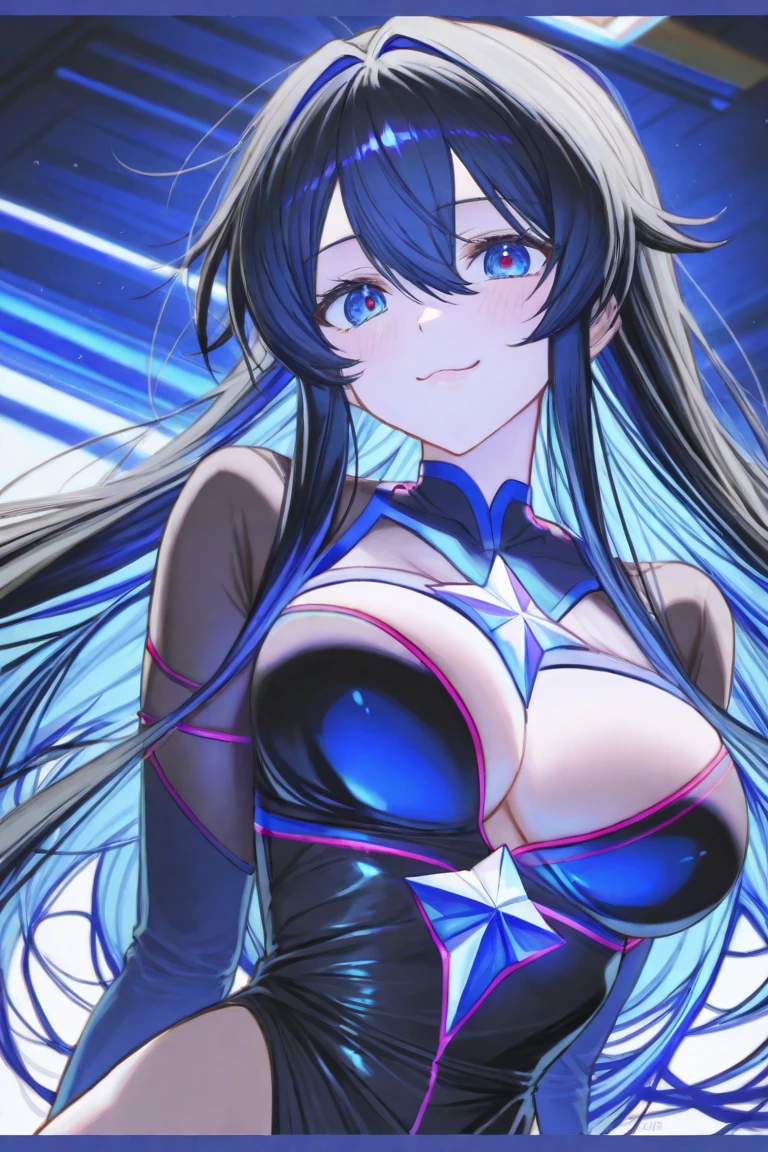 1 chica, huge senos, senos, muslos gruesos, pelo , pelo muy corto, blue eyes, ,  , neon ornament, blue neon ornament, sonrisa, sonrisa afectada, presumido, futuristic, Science fiction, technology, maquinaria, blue trim, cuerda en v, ornamento, adorno para el peloo, encorvado, ((encorvado)), (()), , corte duendecillo,  , 