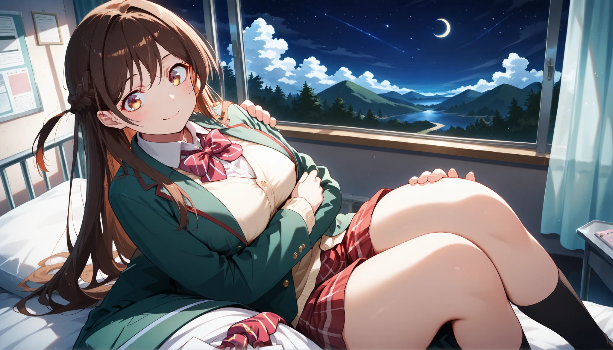 masterpiece, Highest Quality, high resolution, Super Detailed, Amazing Quality, 1girl, solo, Chizuru Ichinose/Ichinose Chizuru, brown hair, long hair, french blade, Braided Hair, Bang, side Bang, brown eyes, Medium Boobs, shirt, white shirt, collared shirt, bow tie, red bow tie, striped bow tie, cardigan, blazer after face, green blazer after face, open blazer after face, skirt, red skirt, plaid skirt, socks, black socks. viewers are watching, cowboy shot. she、I'll borrow it/kanojo, Okarishimasu, ,smile,thick thighs,knee up,crescent moon, stars (sky),looking at viewer,lying on bed,screen,solo,infirmary,crescent moon, star (sky), cumulonimbus cloud, dark background,pov, p0vpr1nc4rry, princesscarrypose, carrying person, from above, on side, lying on arms,