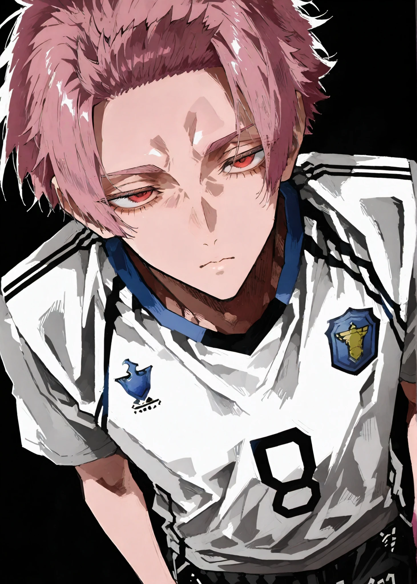 One Man, Male Body, difficult, anime_style, anime screencaps, anime, Blue Rock_style, blue Lock_Itoi Shigesato, blue Lock_Sae Ito, Sae Ito, blue Lock, red eyes, underlash, short hair, Upturned Bangs,  lower lashes, big eyes, beautiful faces, amazing face, pink rock_U-20 Uniform, white t-shirt, soccer uniform, uniform, (black and white:1.2), Black and White,  manga , comics _style, is good, standing, black background, simple background, soccer, stylish, Emotional, serious, closed mouth, is staring at my crotch, half-open eyes, Shocked face, pink hair, front angle, 