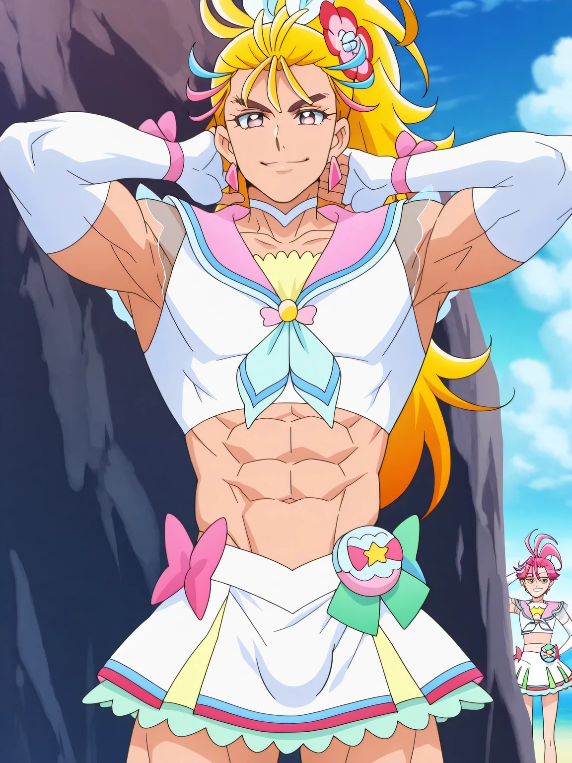 score 9 , score 8 up, score 7 up, source anime, masterpiece, Best quality, Best resolution, best image quality, anime coloring, anime screenshot, anime screencap, official style,1boy, cure summer is a boy, long haired anime boy, boy warrior, flower, jewelry, hair ornament, sea warrior, the sunshine aura, heavenly aura, sea aura, solo, long blonde haired boy, high ponytail hair, multicolored hair, two tone hair, streaked hair, gradient hair, pink hair, eyelashes, thick eyebrows, hair flip, zodiac boy knight, flower hair ornament, sparking magical boy, royal elegant pose, anime boy is wearing a white crop top dress, anime boy is wearing a Belly button outfit, anime prince, white arm warmers, white gloves, white sandals, white detached sleeves, elbow gloves, white choker, fingerless gloves, sailor collar with an pink, neckerchief with an pink, lips, triangle earrings, white mini skirt, green frills under white mini skirt, Portrait of a Zodiac boy Knight, boyish taste, cure summer outfit, tom boy style, a cheerful smile, slender body, day time!!,  male focus, looking at viewer, solo focus, cowboy shot, bare shoulders, bare arms, bare legs,midriff, navel, abs, covered pectoralis major, stomach, biceps, biceps long head, biceps short head, triceps, deltoids, thigh muscles, hamstrings, adductor magnus muscles,(manly:1.5), (male body:1.5), (manly face:1.5), bulge, official art,