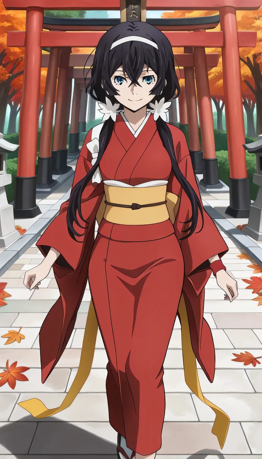 {{{masterpiece}}}, (best quality:1.5), (ultra-detailed:1.5), {illustration}, {{an extremely delicate and beautiful}}, (beautiful detailed eyes:1.3), absurdres, highres, extremely detailed face, 16k, hd, visual anime de uma jovem mulher, extremamente bonito rosto de anime, anime melhor garota, (perfect hands, perfect anatomy), anime face, izumi kyouka(Bungou Stray Dogs), kyouka, 1girl, solo, cute face, (black hair:1.3), long hair, low twintails, hair band, crossed bangs, sidelocks, slender face, narrow chin, sharp eyes, blue eyes,(High resolution eyes, Beautiful eyes, Light in the eyes), medium breasts, big hips, curvaceous, BREAK, japanese clothes, furisode, (red kimono:1.3), red sleeves, long sleeves, wide sleeves, (red arm cover:1.3), yellow wristband, yellow obi, back_waist_ribbon, (yellow ribbon:1.1), long ribbon, pencil skirt, red skirt, long skirt, tabi, white legwear, sandals, BREAK, cute face, smiling, walking, looking at viewer, outdoor, Autumnforrestmb, shinto shrine, scenery, stone walkway, torii, autumn leaves, momiji, leaves are falling, daytime, cowboy shot, (from side:1.5)