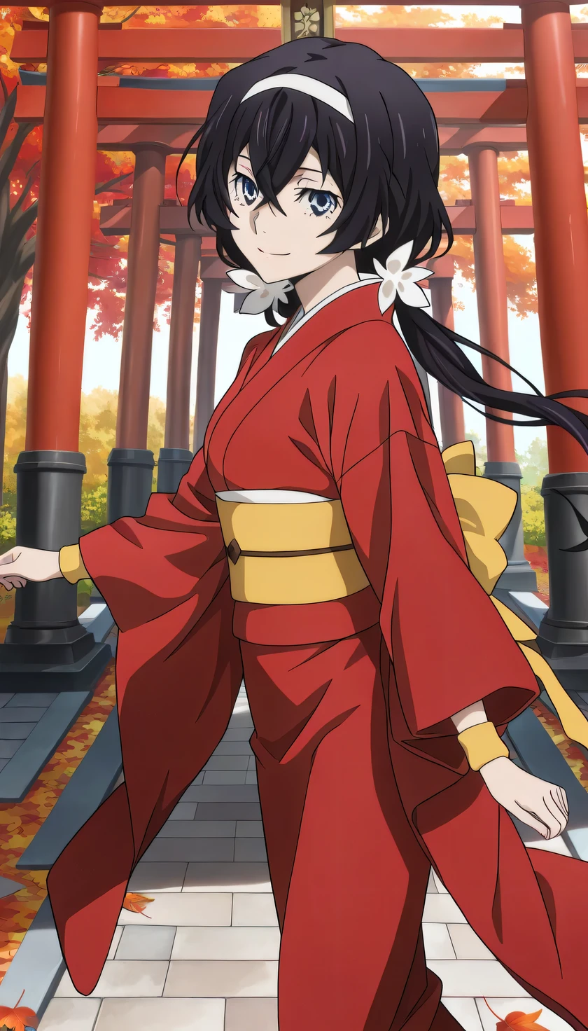 {{{masterpiece}}}, (best quality:1.5), (ultra-detailed:1.5), {illustration}, {{an extremely delicate and beautiful}}, (beautiful detailed eyes:1.3), absurdres, highres, extremely detailed face, 16k, hd, visual anime de uma jovem mulher, extremamente bonito rosto de anime, anime melhor garota, (perfect hands, perfect anatomy), anime face, izumi kyouka(Bungou Stray Dogs), kyouka, 1girl, solo, cute face, (black hair:1.3), long hair, low twintails, hair band, crossed bangs, sidelocks, slender face, narrow chin, sharp eyes, blue eyes,(High resolution eyes, Beautiful eyes, Light in the eyes), medium breasts, big hips, curvaceous, BREAK, japanese clothes, furisode, (red kimono:1.3), red sleeves, long sleeves, wide sleeves, (red arm cover:1.3), yellow wristband, yellow obi, back_waist_ribbon, (yellow ribbon:1.1), long ribbon, pencil skirt, red skirt, long skirt, tabi, white legwear, sandals, BREAK, cute face, smiling, walking, looking at viewer, outdoor, Autumnforrestmb, shinto shrine, scenery, stone walkway, torii, autumn leaves, momiji, leaves are falling, daytime, cowboy shot, (from side:1.5)