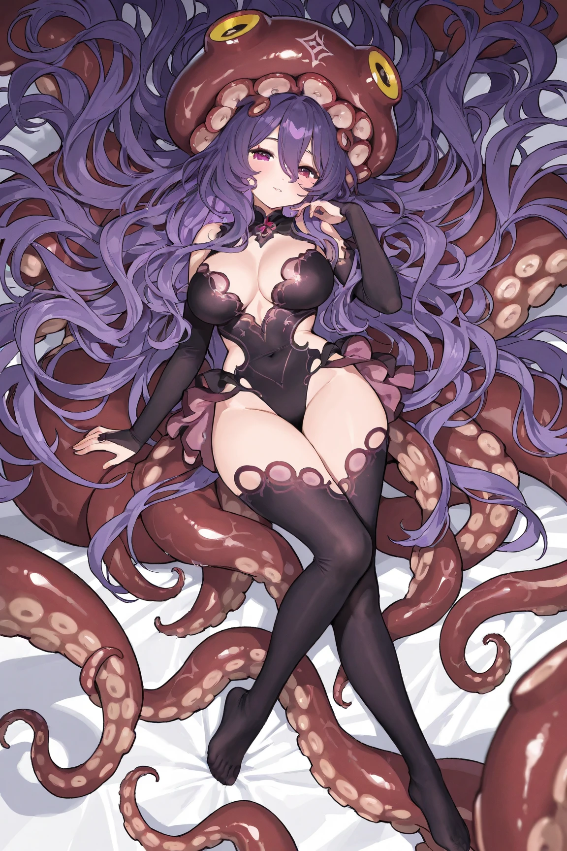 Skull girl, a sensual girl,Perfect Anatomia,thick-thighs,Bblack hair,background full of tentacles covering the girl's body,pressing her,Red eye,shy,Suada,tongue out, tentacles everywhere,in research laboratory