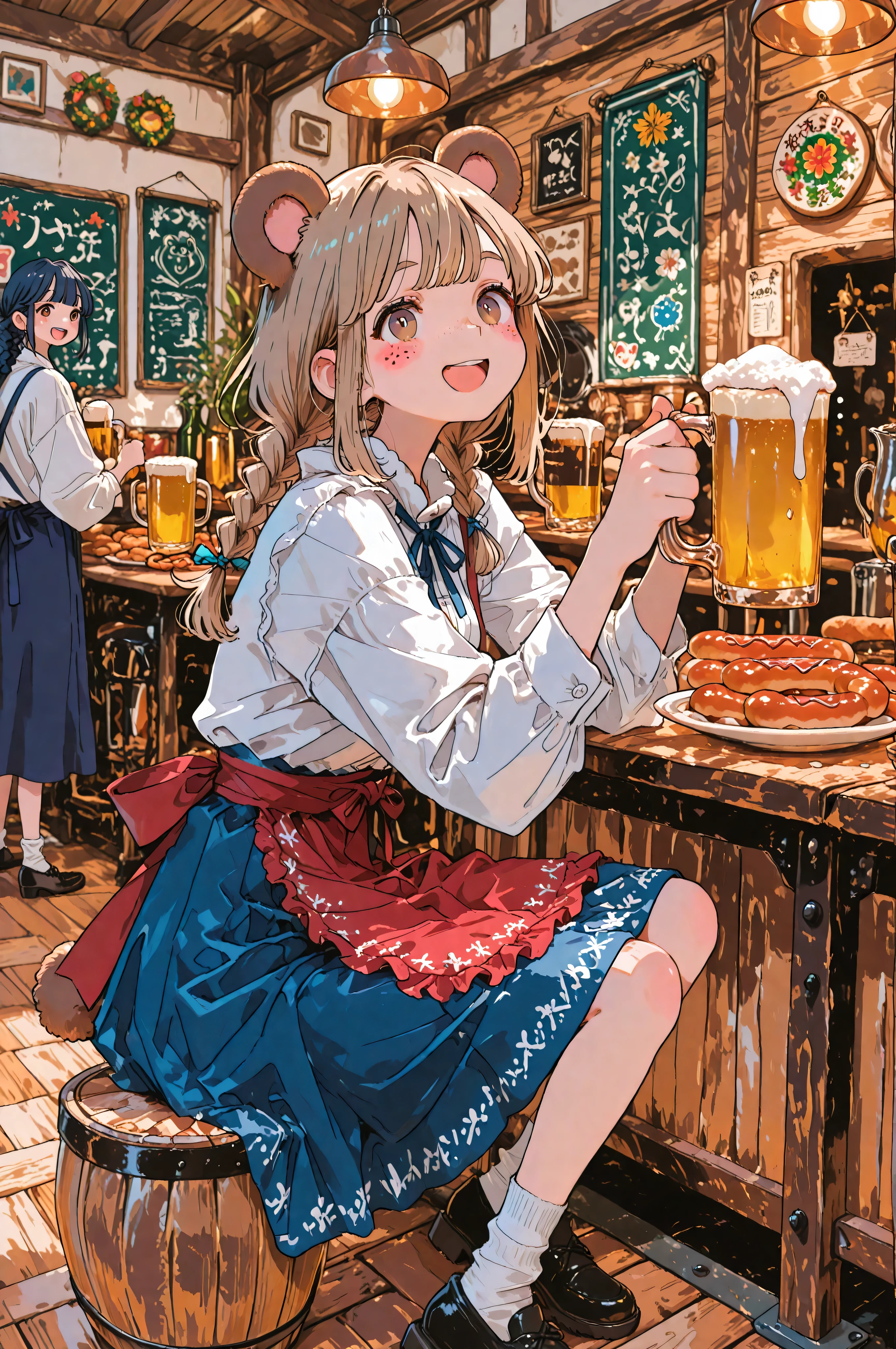 masterpiece、Highest Quality、ultra high definition、Oktoberfest、1 woman、Long Brown Braids、Brown Bear Ears、Short Round Bear Tail、freckles on the cheeks、Laugh cute with a beer mug、Light Brown Eyes、Traditional Dilldle Outfit、white blouse、Dark blue dress、red apron、chest ribbon、black leather shoes、white socks、Oktoberfestのテント内、Happy People Around、Happy People Around々、Bavarian Decor、Table with pretzels and sausages、Brass band playing in the background、beer foam、Lively Atmosphere of the Festival、wooden barrel、Traditional German Flag Decor、Warm Golden Lighting、when Misaki says it's、Streetscape of Munich in the Distance、Traditional Festival in Bavaria, Germany、happy expression、negative: unnatural poses、Facial Distortion、Inappropriate Exposure、Modern Elements、Bright colors、Too Complicated Background