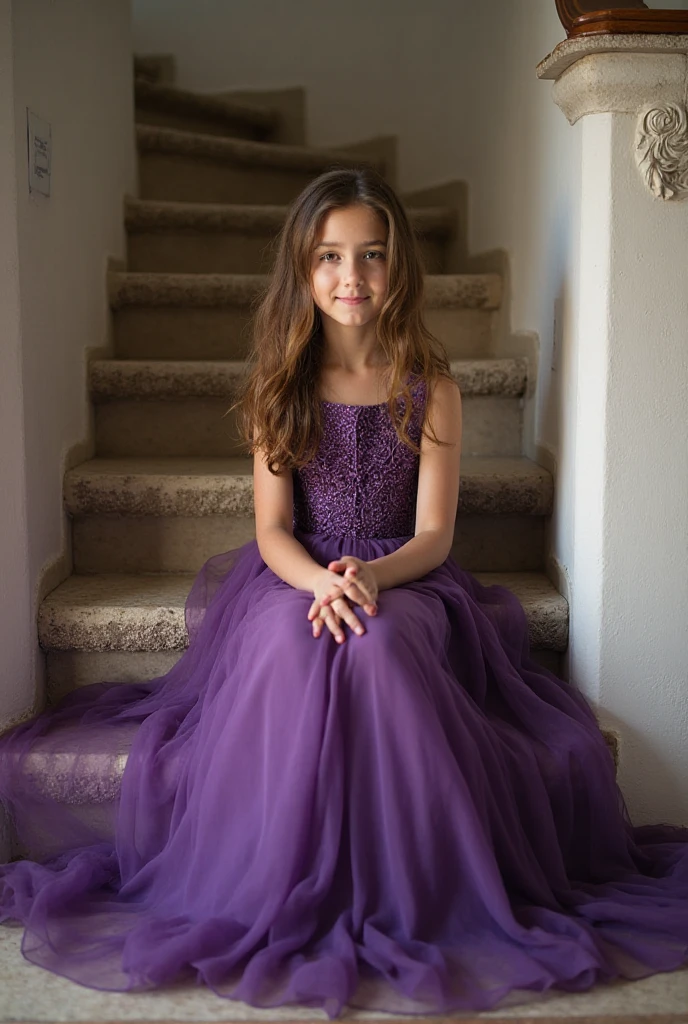A green-eyed child girl with brown hair wearing an elegant red long dress and lilac and she looks gorgeous in the parade