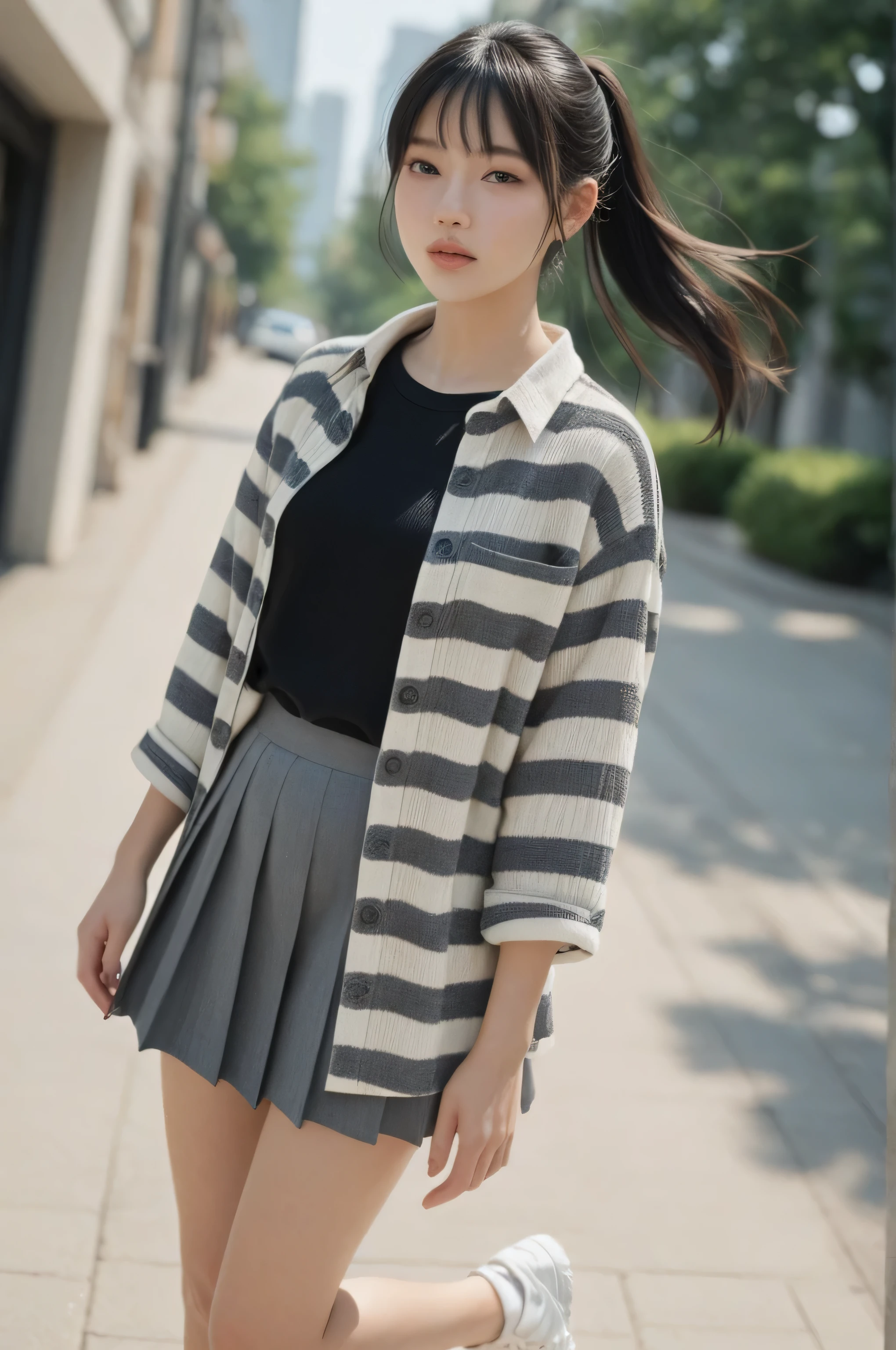 High Quality, masterpiece, ultra high res, Asian gravure girl, black hair ponytail, Black summer knit, I'm wearing a shirt with a front opening over a summer knit, oversized shirt,Grape Pleated Miniskirt, Bare legs, white sneakers, 8K quality, perfect detail, Shallow Depth of Field, natural light, Morning Rays , clear skin, beautiful contours, supple posture, Pose, hair fluttering in the wind, urban atmosphere, Summer Morning, Clear Texture, Contrast of Light and Shadow, Seal effect, photorealistic, Attractive Expression, Glossy Lips, looking at viewer, dutch angle, from above,