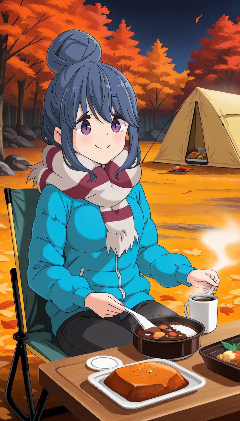 {{{masterpiece}}}, (best quality:1.2), (ultra-detailed:1.2), {illustration}, {{an extremely delicate and beautiful}}, (beautiful detailed eyes:1.3), absurdres, highres, extremely detailed face, 16k, hd, visual anime de uma jovem mulher, extremamente bonito rosto de anime, anime melhor garota, (perfect hands, perfect anatomy), anime face, shimarin (Yuru Camp), shimarin, 1girl, solo, cute face, blue hair, single hair bun, bangs, round face, (narrowed_eyes:0.9), purple eyes, sidelocks, short of a person, medium breasts, big hips, curvaceous, BREAK, striped scarf, padded jacket(cyan jacket, blue jacket), multicolored clothes, long sleeve, black pants, boots, brown footwear, BREAK, cute face, outdoors, Autumnforrestmb, scenery, autumn leaves, momiji, leaves are falling, camp, (bonfire:0.8), chair, sitting in camping chair, smile, nature, tent, night, (meal:1.4), (coffee:1.3), steam from cooking