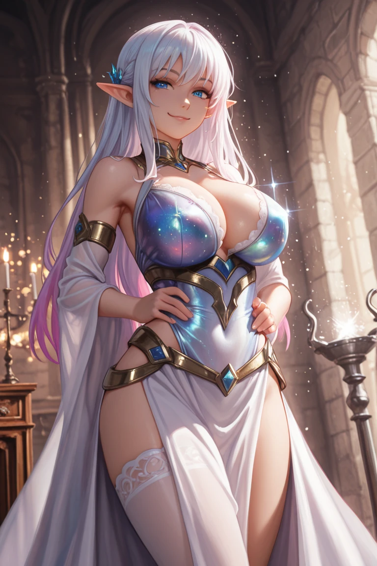 Highly detailed drawing of a (powerful High elf woman battle mage), perfect face, makeup, long eyelashes, teasing, seductively posing, athletic body, large breasts, cleavage, thick thighs, (wearing opulent cutout erotic fantasy  mage robes), castle made of glass in background, ethereal elven architecture, colorful, inked, medium closeup, front view, eye focus, (Art by Brom:1.2)