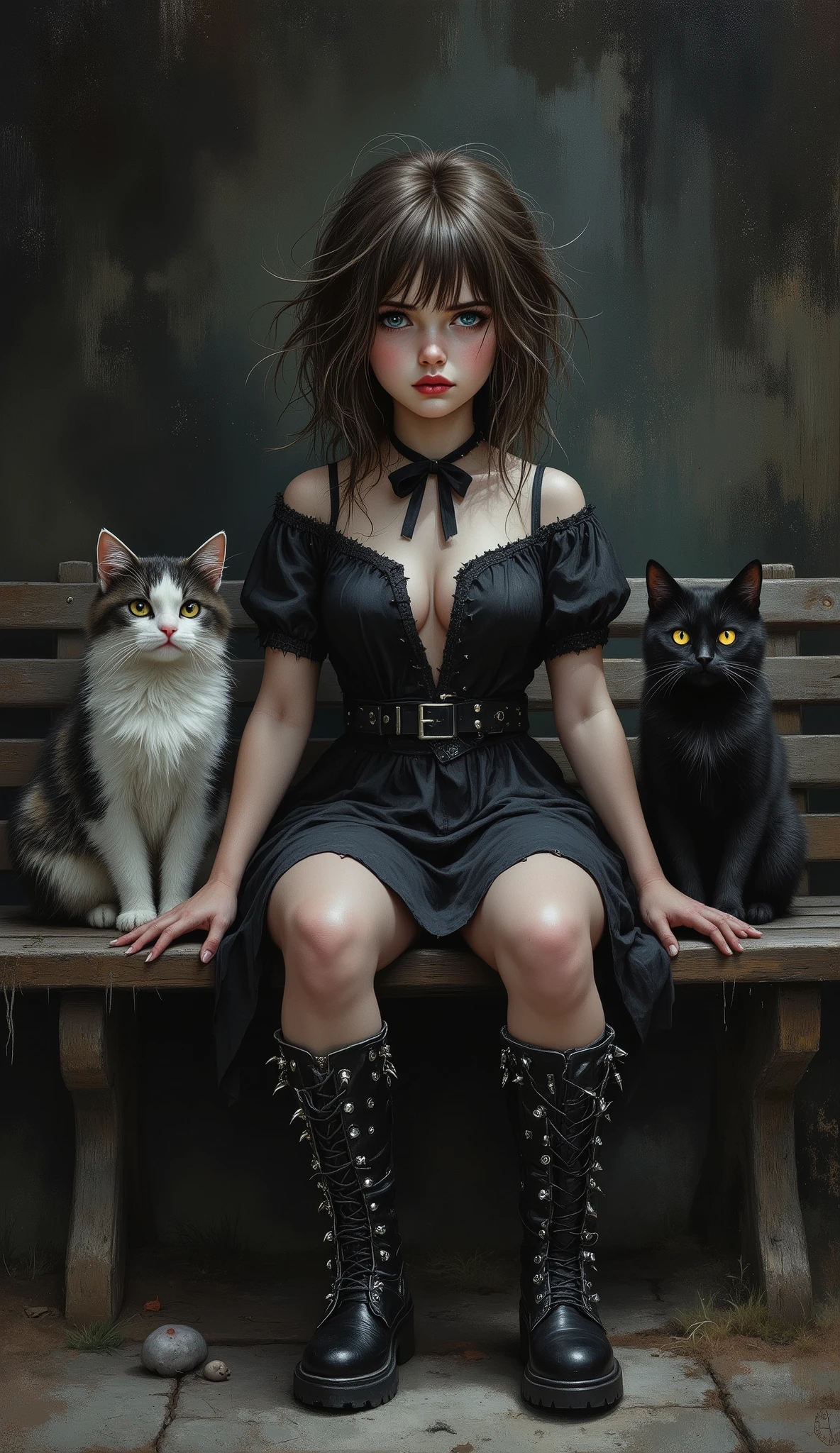 A detailed oil painting in dark fantasy style. On a bench sits a small plump pouty young-looking girl in oversized spiked boots, with a displeased expression and bow-shaped lips, tousled hair, dynamic pose, highly detailed textures. Two cats sit on either side of her. Moody cinematic lighting, rich brushwork, expressive oil-on-canvas feel, dramatic composition, muted dark palette, tasteful and non-explicit depiction —ar 3:4 —s 1000 —style raw —v 7