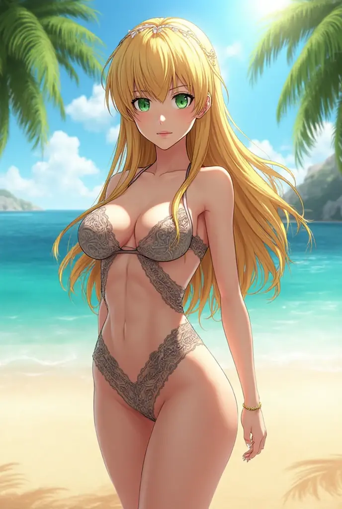 (masterpiece:1.2, highest quality), (Realistic, photoRealistic:1.4), Beautiful illustrations, (Natural Side Lighting, Cinema Lighting), Browsing Caution:1.2, 
View Viewer, Cowboy Shot, 1 girl, Japanese, Idol Sculpture, high school girl, Perfect Face, Cute and symmetrical face, Sunburn, Shiny skin, thin, 
(Mid-length hair:1.4, Drill Hair:1.2, (Blonde Hair)), Hair between the eyes, Golden Eyes, Long Eyelashes, (????????????, Big ???,wide ????, Thick thighs, Captivating thighs), 
Beautiful Hair, Beautiful Face, Beautiful fine details, Beautiful clavicle, Beautiful body, Beautiful ???????, Beautiful thighs, Beautiful feet, Beautiful fingers, perfect body line,
(micro ??????), choker, 
(Beautiful views),(Tropical beach:1.5), (???? pose), (Cute smile, Upward glance),Gravure Idol,(Rocky beach by the sea:1.2),(sunglasses on head:1.2),