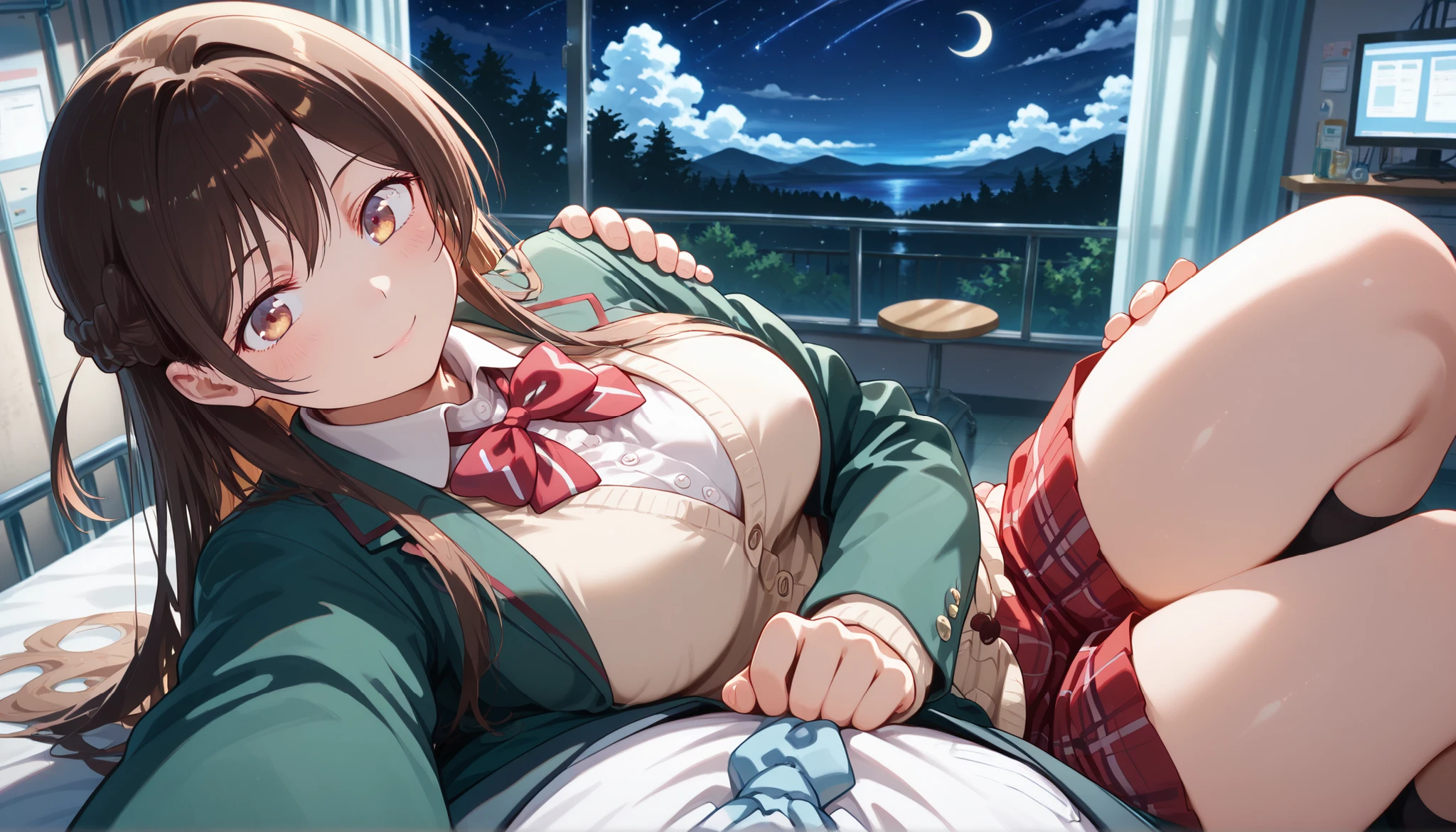 masterpiece, Highest Quality, high resolution, Super Detailed, Amazing Quality, 1girl, solo, Chizuru Ichinose/Ichinose Chizuru, brown hair, long hair, french blade, Braided Hair, Bang, side Bang, brown eyes, Medium Boobs, shirt, white shirt, collared shirt, bow tie, red bow tie, striped bow tie, cardigan, blazer after face, green blazer after face, open blazer after face, skirt, red skirt, plaid skirt, socks, black socks. viewers are watching, cowboy shot. she、I'll borrow it/kanojo, Okarishimasu, ,smile,thick thighs,knee up,crescent moon, stars (sky),looking at viewer,lying on bed,screen,solo,infirmary,crescent moon, star (sky), cumulonimbus cloud, dark background,knee up,pov, p0vpr1nc4rry, princesscarrypose, carrying person, from above, on side, lying on arms,