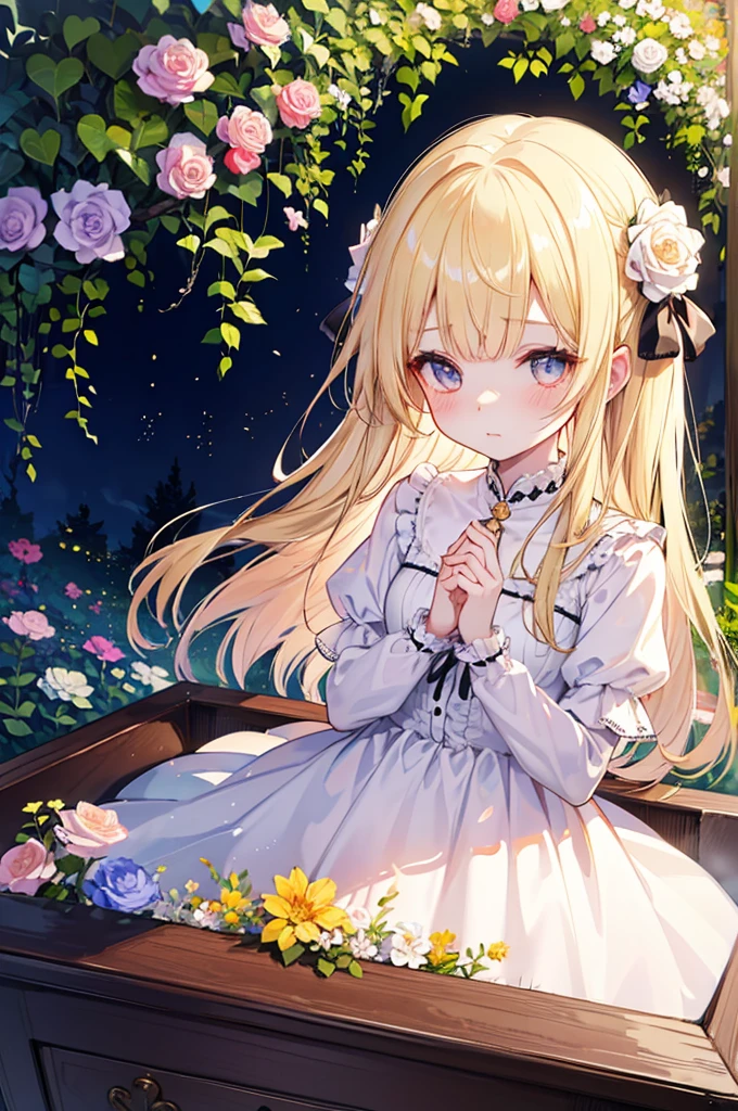 Showing the whole body, cute, baby face, big breasts, sleeping, in the forest, white dress, long hair, sleeping, alone, small, fairy wings, honey-colored hair