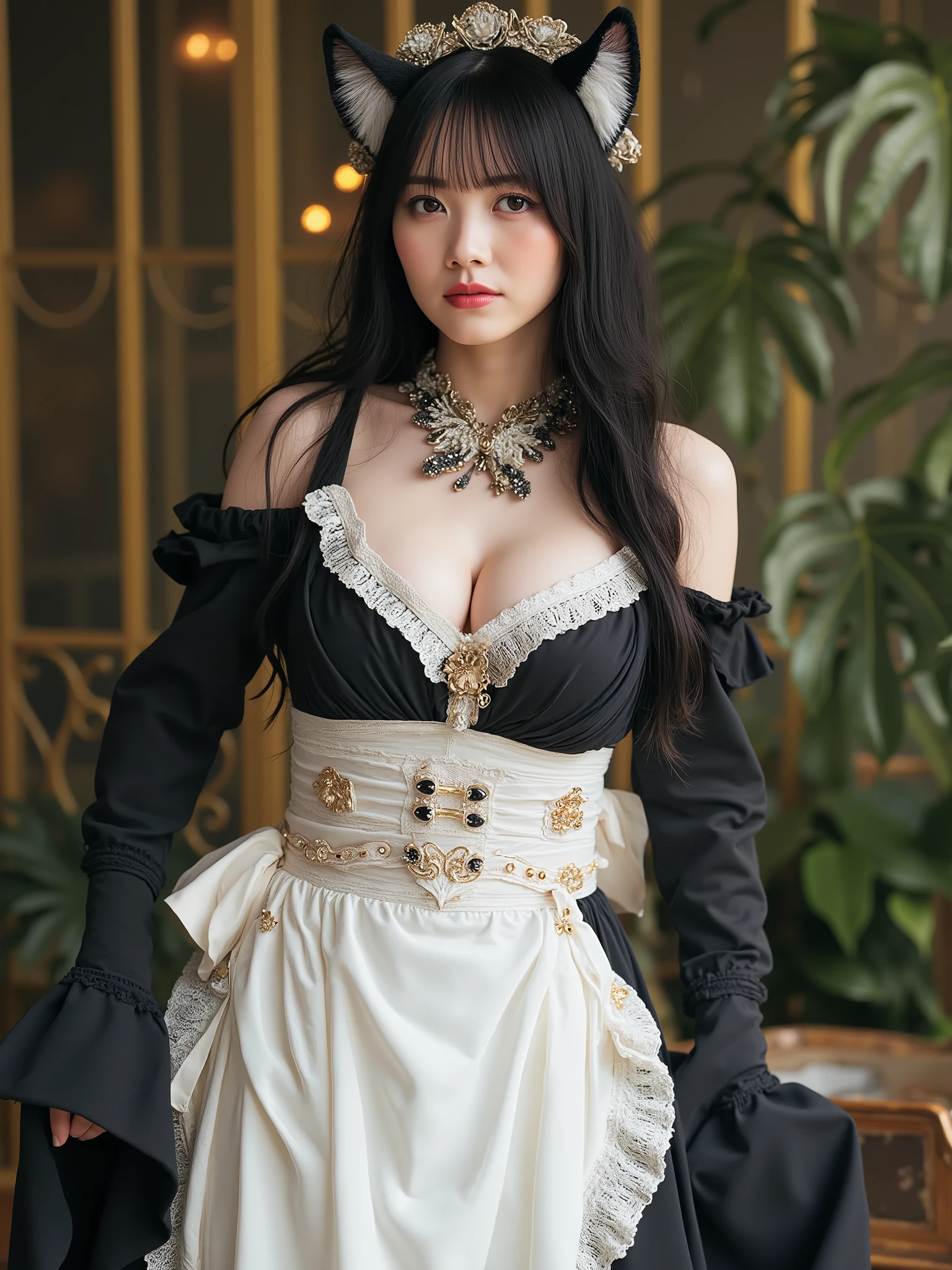 Maid Dress, Cat's Ear, Black Long Hair, score_9, score_8_Up, score_7_Up, masterpiece,Best Quality, big boobs, Full Body, skirt, slender, open chest,