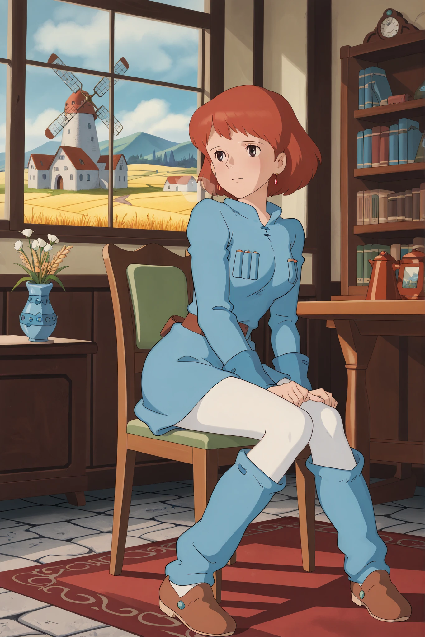 (Masterpiece, top quality, 8k, High quality anime, detailed and accurate anime poster, Studio Ghibli style, High sense Art ), Nausicaa, 1girl, adorable face, very kind face, Sitting on chair and having a teacap near window in her private room, tea time, desk, bookshelf, flower in a vase, Exotic atmosphere, relax pose, Quilted lap blanket, Rug, hot breath close to the face, on rainy day, orange hair, short hair, elegant short bob cut, dark brown eyes, beautiful clear eyes, Red Gemstone Earrings, beautiful breasts, beautiful legs, perfect body balance, perfect beauty, slender body, (gazing sideways at me), Valley of the Wind Scenery, Beautiful scenery in the valley, Cturch, windmill, Wheat field, Cobblestone load, winery, Castle terrace, Silk Sheets, ((very cool Nausicaa)), ((Nausicaa is very elegant)), skin color leggings or white tights, blue dress, chest bullet holder, long_sleeves, belt, blue leg warmer, felt shoes, )