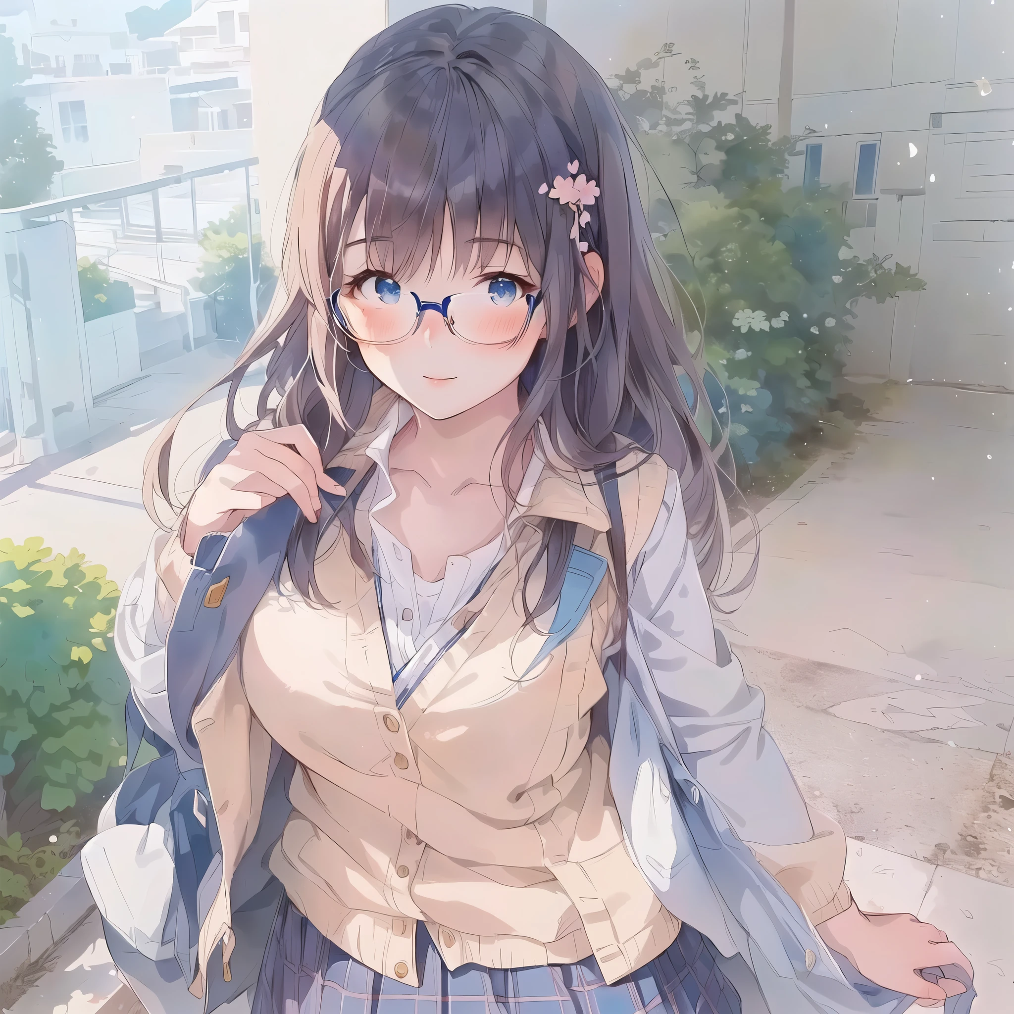 anime girl with glasses and a jacket standing in front of a building, anime moe artstyle, smooth anime cg art, beautiful anime high school girl, artwork in the style of guweiz, realistic schoolgirl, hyperrealistic schoolgirl, a hyperrealistic schoolgirl, anime visual of a cute girl, soft anime illustration, guweiz, with glasses