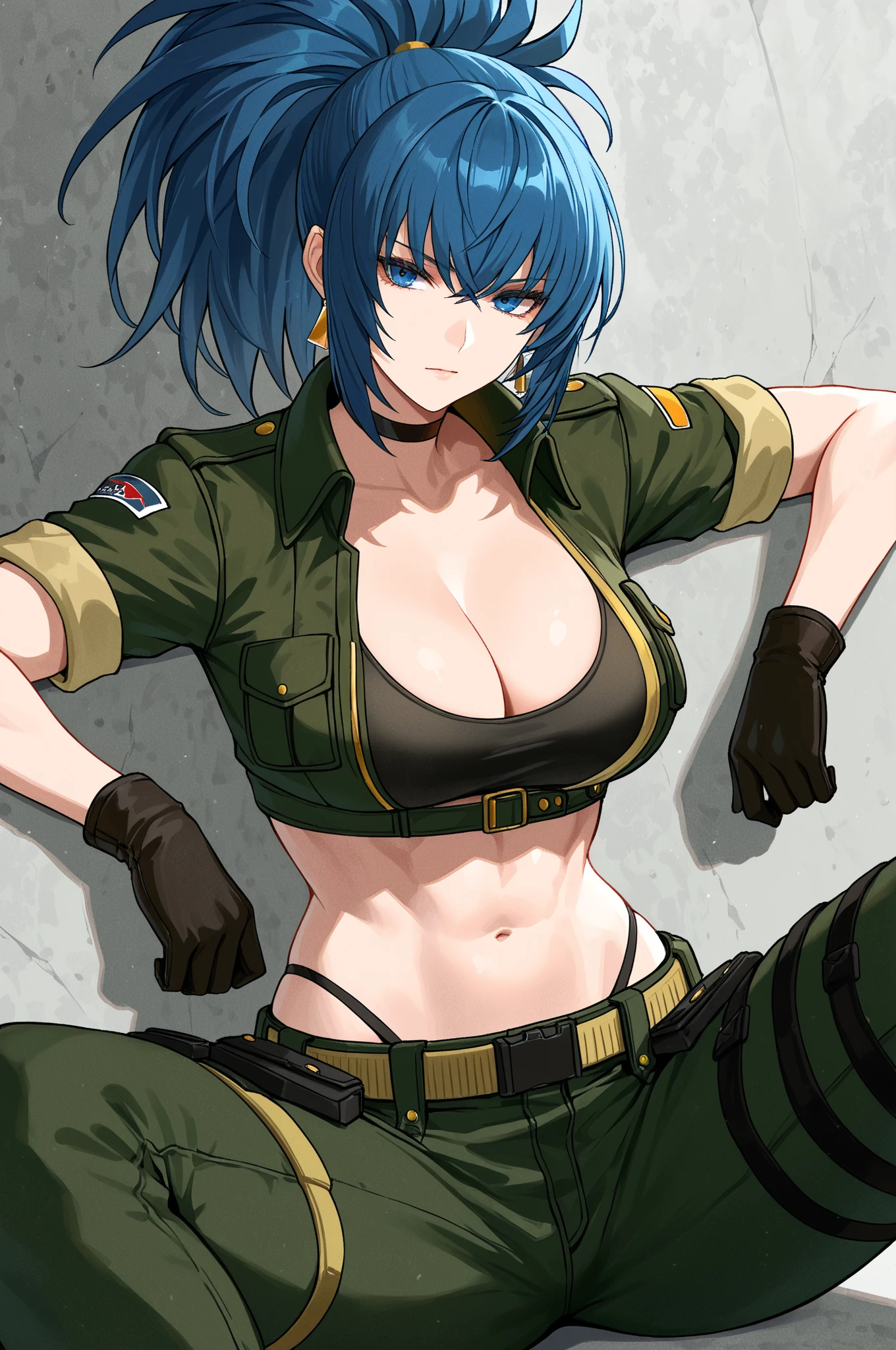 Masterpiece, Best Quality, 1girl,LeonaMS ,yellow tank top, camouflage pants,  ,  <lora:LeonaMS:1>