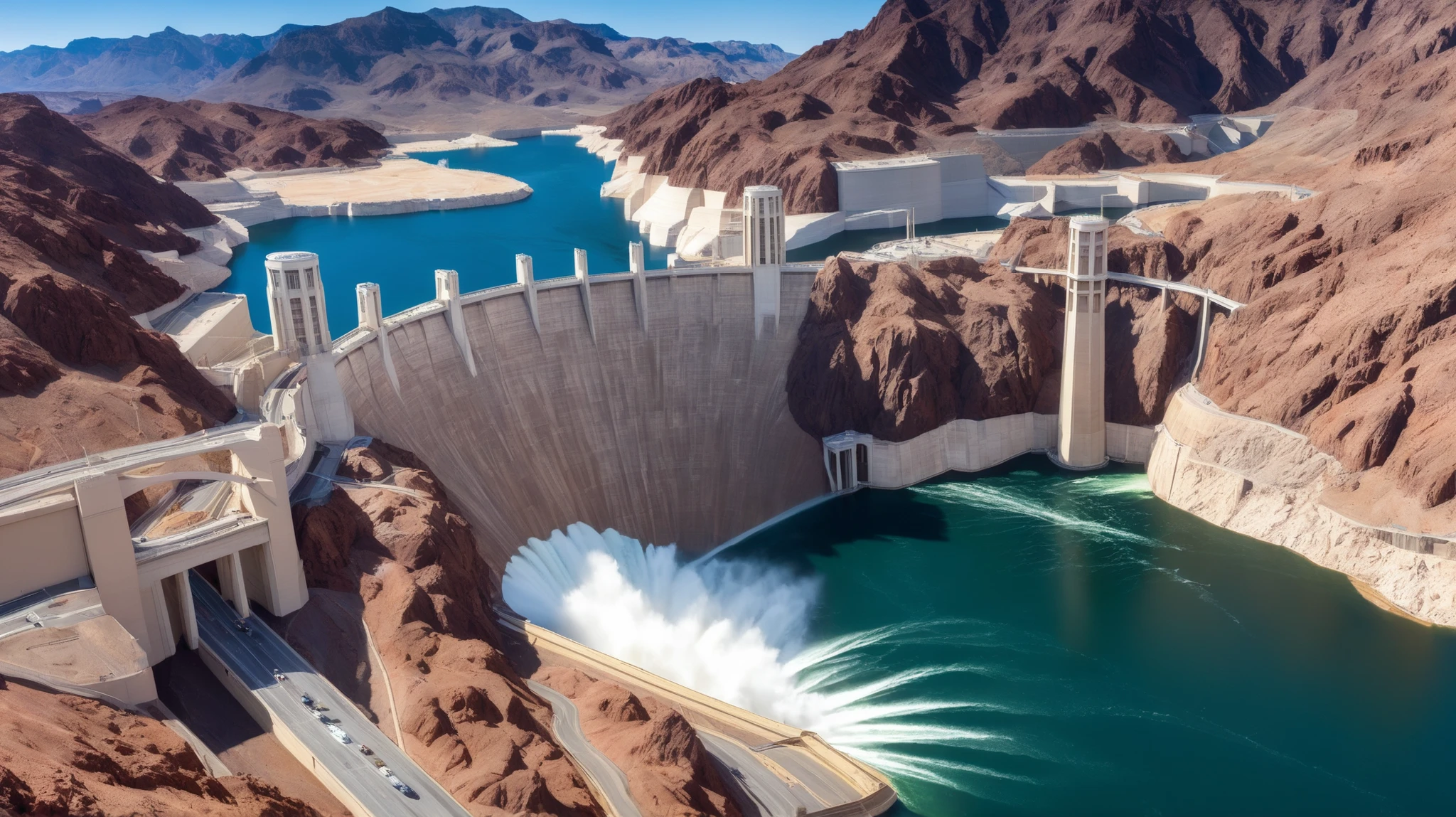high-definition images、Nevada、Hoover Dam、Image taken from above、dammed the Colorado River、Lake Made was formed from stored water、fish at Lake Maid, jet ski, wait. You can、Spectacular dam exterior、