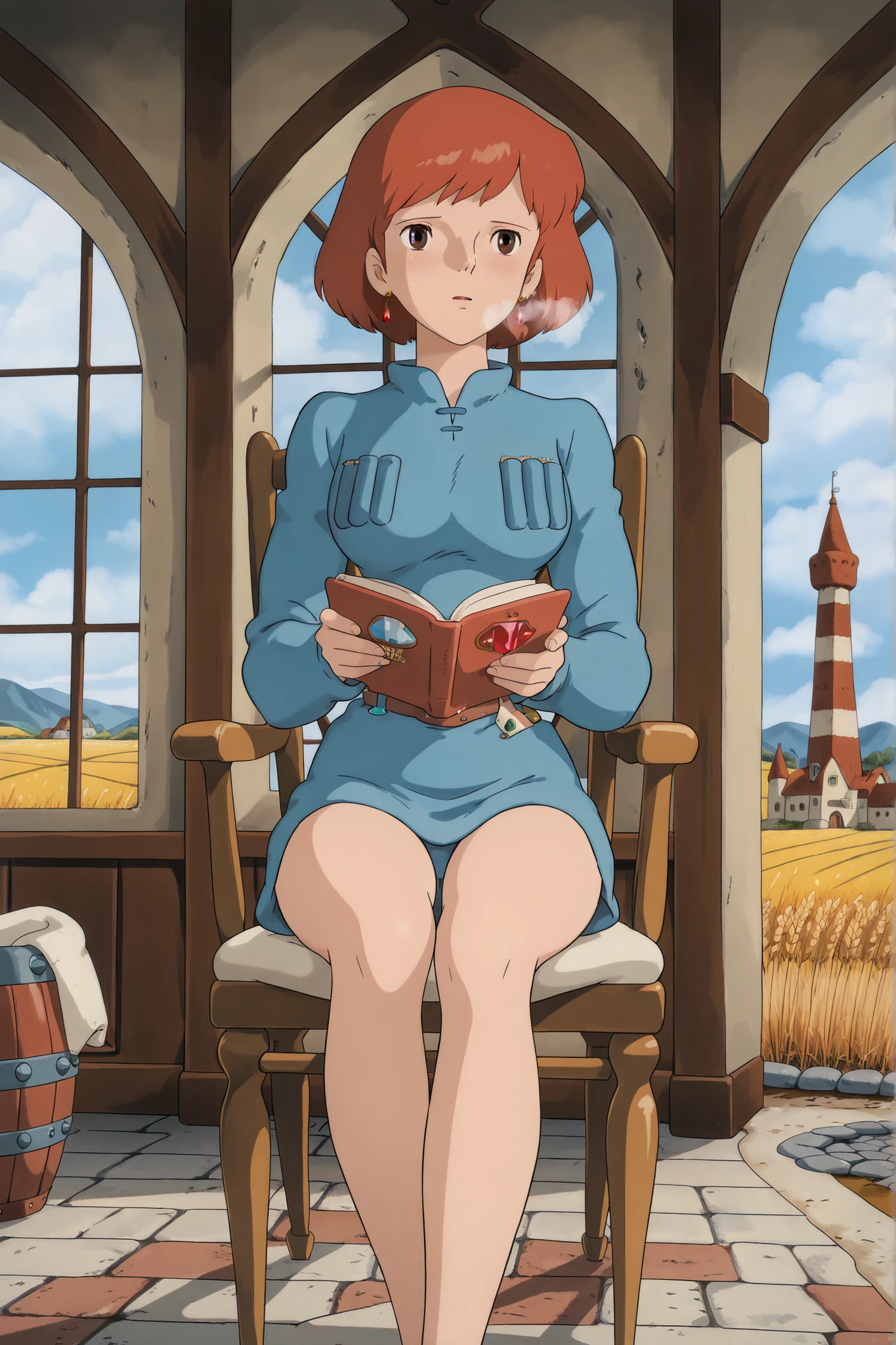 VWNausicaa,1girl,brown hair,medium hair,brown eyes, breasts, (Masterpiece, top quality, 8k, High quality anime, detailed and accurate anime poster, Studio Ghibli style, High sense Art ), very beautiful girl, ((solo shoot)), Single Shot, Cute Girl, (adorable face, very kind ness), Sitting chair and reading book near window in her bed room, tall tower room, Exotic atmosphere, relax pose, hot breath close to the face, cold rainy day, orange hair, short hair, ((elegant short bob cut)), dark brown eyes, beautiful clear eyes, Red Gemstone Earrings, beautiful breasts, beautiful legs, perfect body balance, perfect beauty, slender body, (looking at me), Valley of the Wind Scenery, Beautiful scenery in the valley, Tower Castle, windmill, Wheat field, Cobblestone load, winery, Castle terrace, Silk Sheets, ((very cool Nausicaa)), ((Nausicaa is very elegant)),