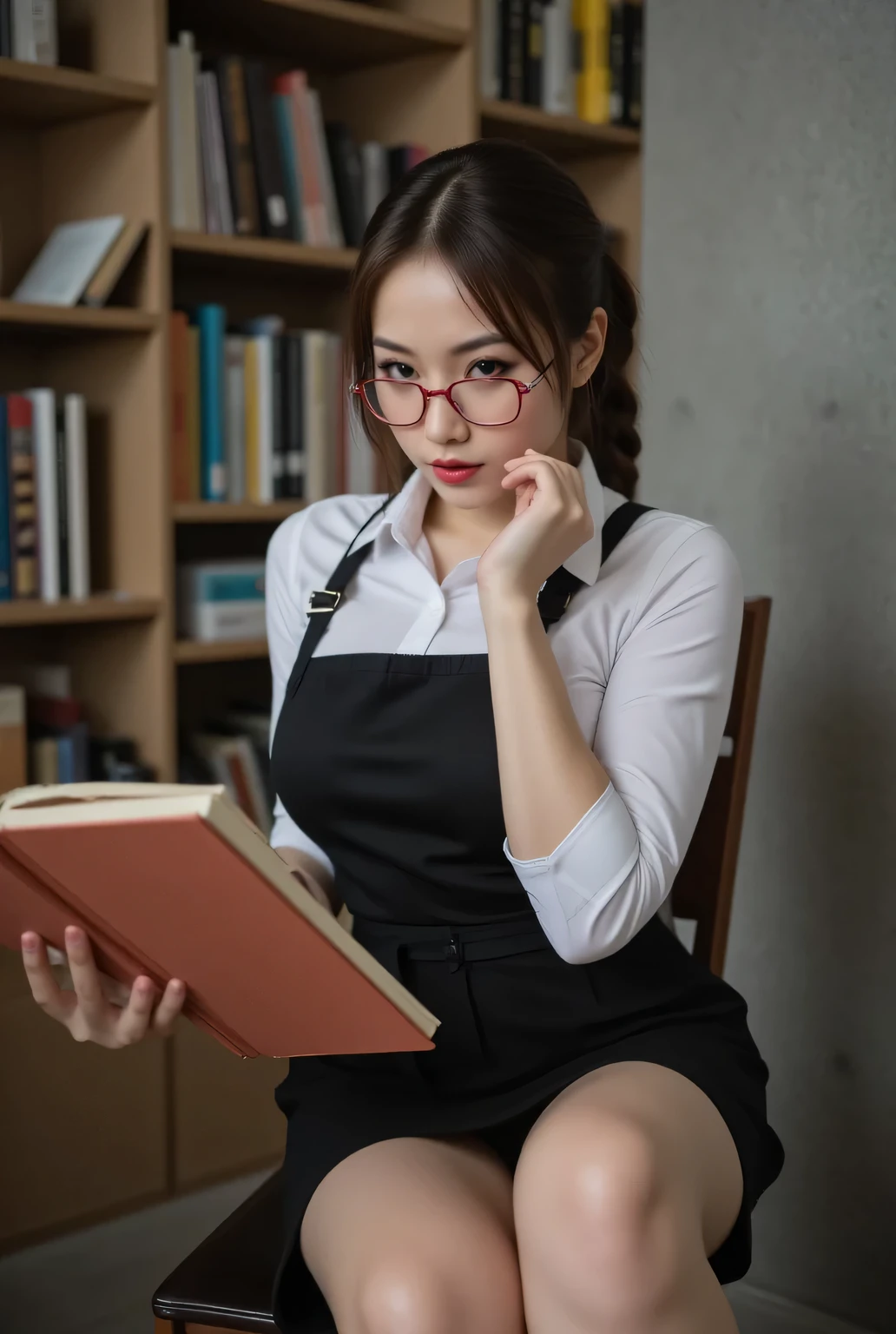 She is a very beautiful librarian.
Sitting on a chair, writing something in a gorgeous notebook.
Long upturned eyeliners, false eyelashes, light red lips, crown braid hair.
She wears a black apron over a collared shirt, skirt.
Red-rimmed glasses.
She has a great figure, seductive, appealing.
Quiet Library, concrete wall, bookshelf, lots of books.
Best quality, masterpiece.