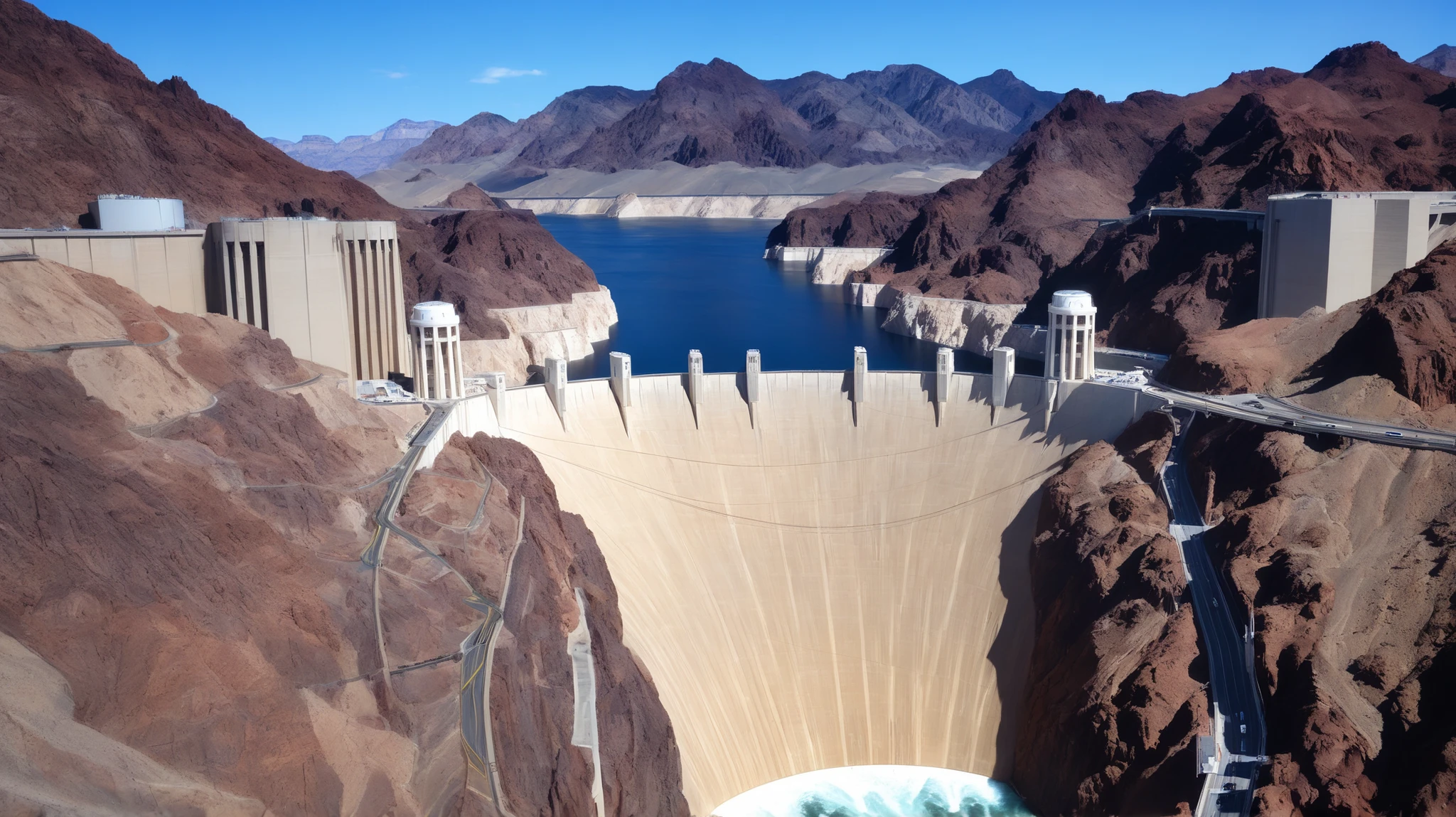 high-definition images、Nevada、Hoover Dam、Image taken from above、dammed the Colorado River、Lake Made was formed from stored water、fish at Lake Maid, jet ski, wait. You can、Spectacular dam exterior、