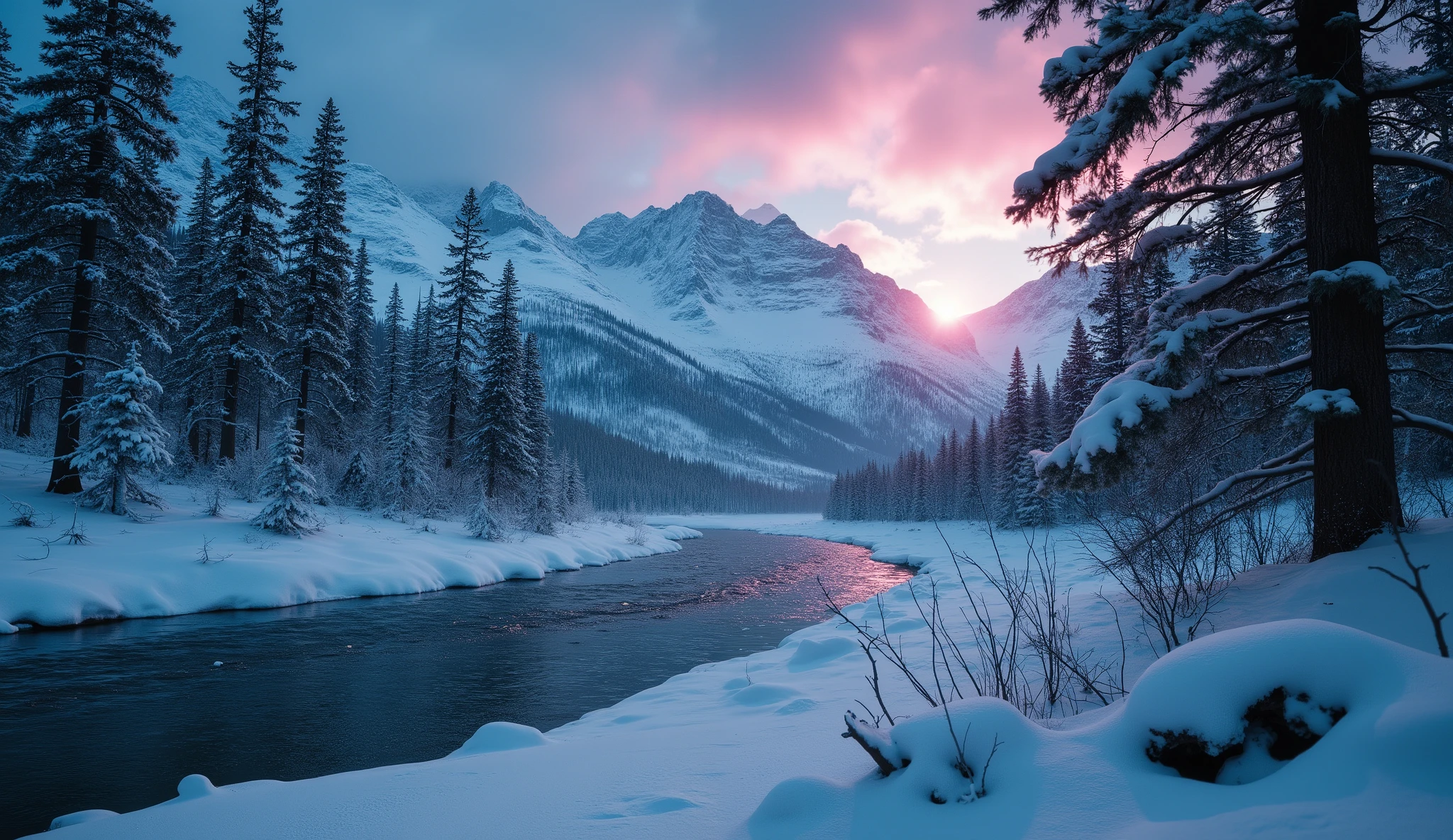 “The snow-covered valley of the Chulitna River with fir trees, snow-capped mountains visible in the background at sunset — ultra-realistic in 8K horror style.”
