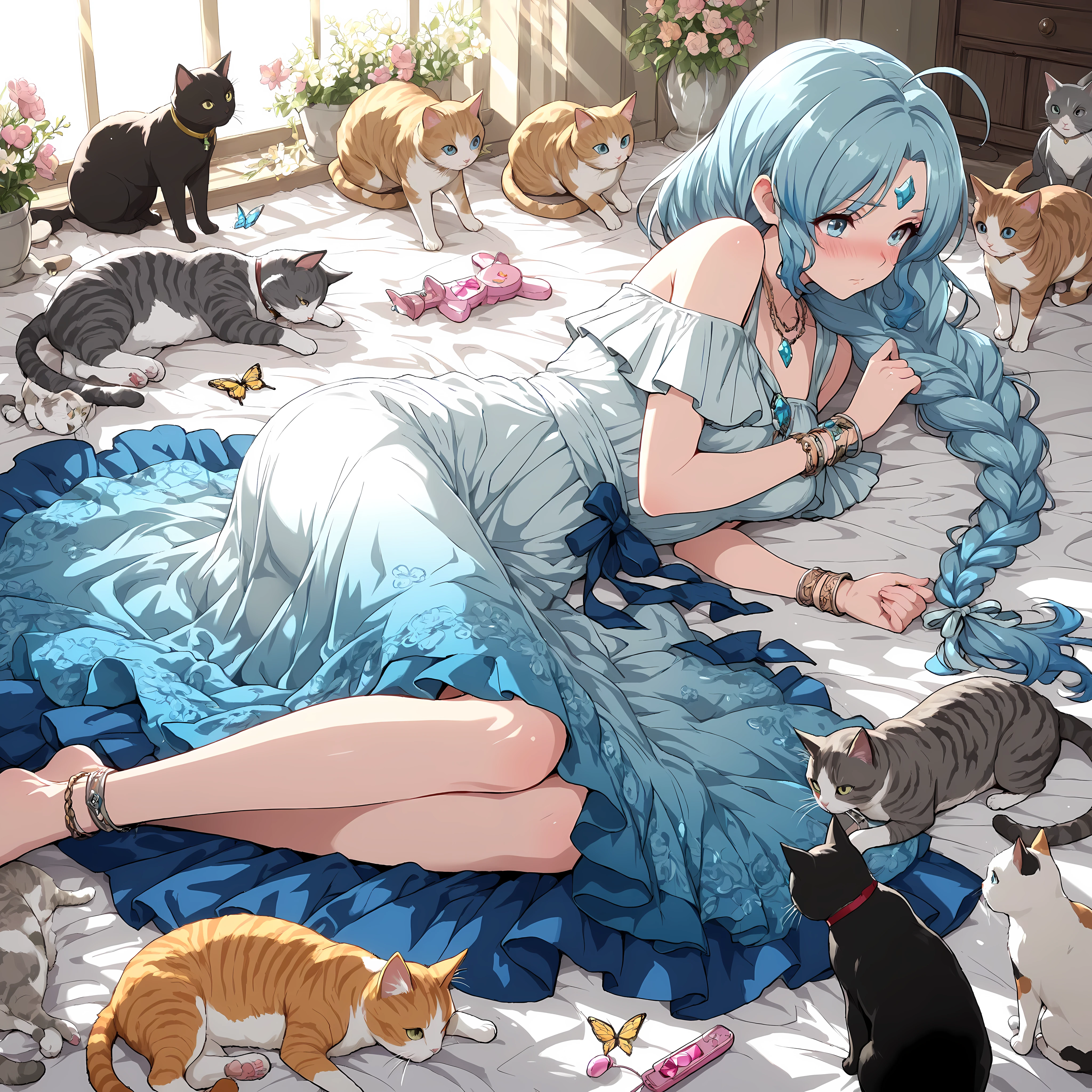 best quality, amazing quality,masterpiece,absurdres,ultra detailed, Cool Pose, High Quality, High Resolution ,High Definition,fullbody
,Th3r3s3, blue eyes, long hair, blue hair, forehead jewel, gem, braid, colored tips, sidelocks,,high definition eyes,detailed eyes,eyesHD,.ahoge, necklace, chain,  
 silk wristbands, bracelets, pretty girls, blushing, ribbons, spreading hair, on side,(Many cats, many cats), cat toys, sunlight, rays, flowers, butterflies, 
 shoulder, light blue dress, white dress, blue dress, gradient dress,soft fabric, embroidery,