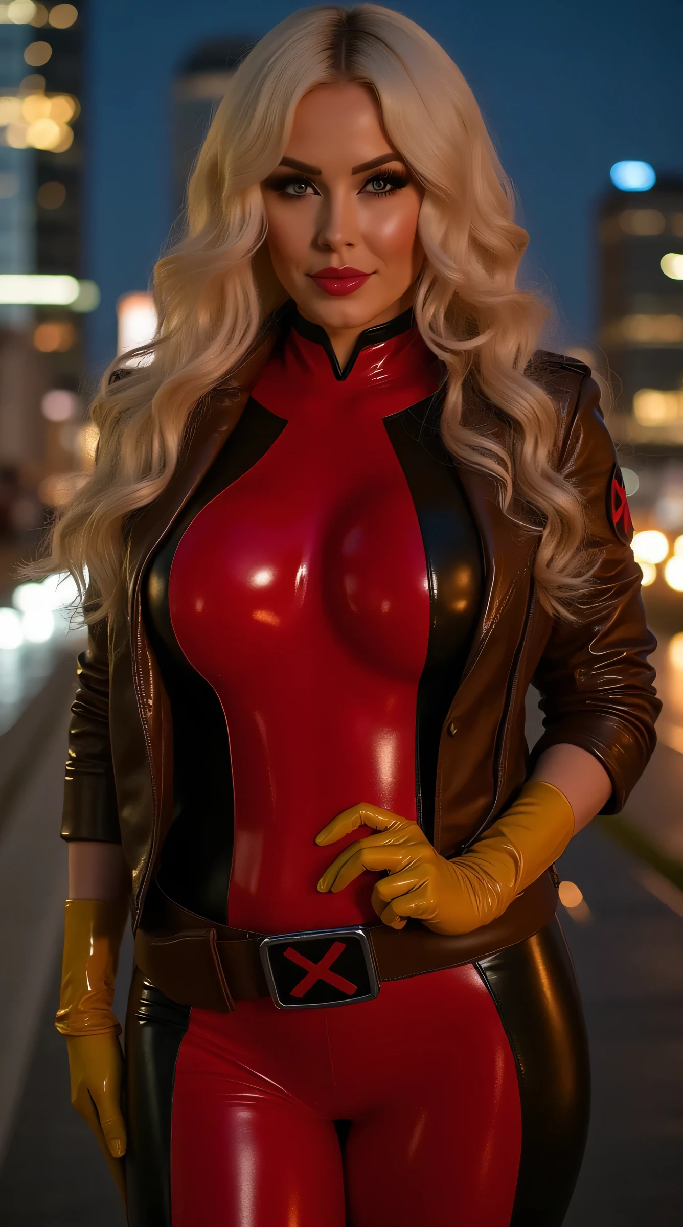 (Meisterwerk, Gesicht, high resolution, realistisches Foto, Fotografie), beautiful mature chubby woman, full Gesicht photo, mit hellen Augen , Nice breasts, beautiful and detailed Gesicht, cute smile , nice butt , Engelsblick, nice legs, large detail of her body Face in a sensual and erotic pose. BBW. large details of the background and the environment. Beautiful girl with very large breasts, rote Lippen, lange, lose Haare, sinnlich. A schöne Frau in a tight suit cosplaying Rogue from the X-Men from the Marvel comics. Her red latex suit with black details shines with realistic reflections. She is wearing a belt with the X-men symbol on the buckle. She is wearing a brown metallic leather jacket with buttons and a red patch with the X-Men symbol on the sleeve. Her hair is long and wild, wavy blonde hair. Her face is beautiful, with subtle makeup , Pink lips and expressive eyes. She is wearing yellow gloves. The background shows a modern city with tall buildings and urban lights, conveying an atmosphere of night or sunset. The lighting is soft and realistic, highlighting the details of the suit and the texture of the jacket. Shotgun. Smiling.