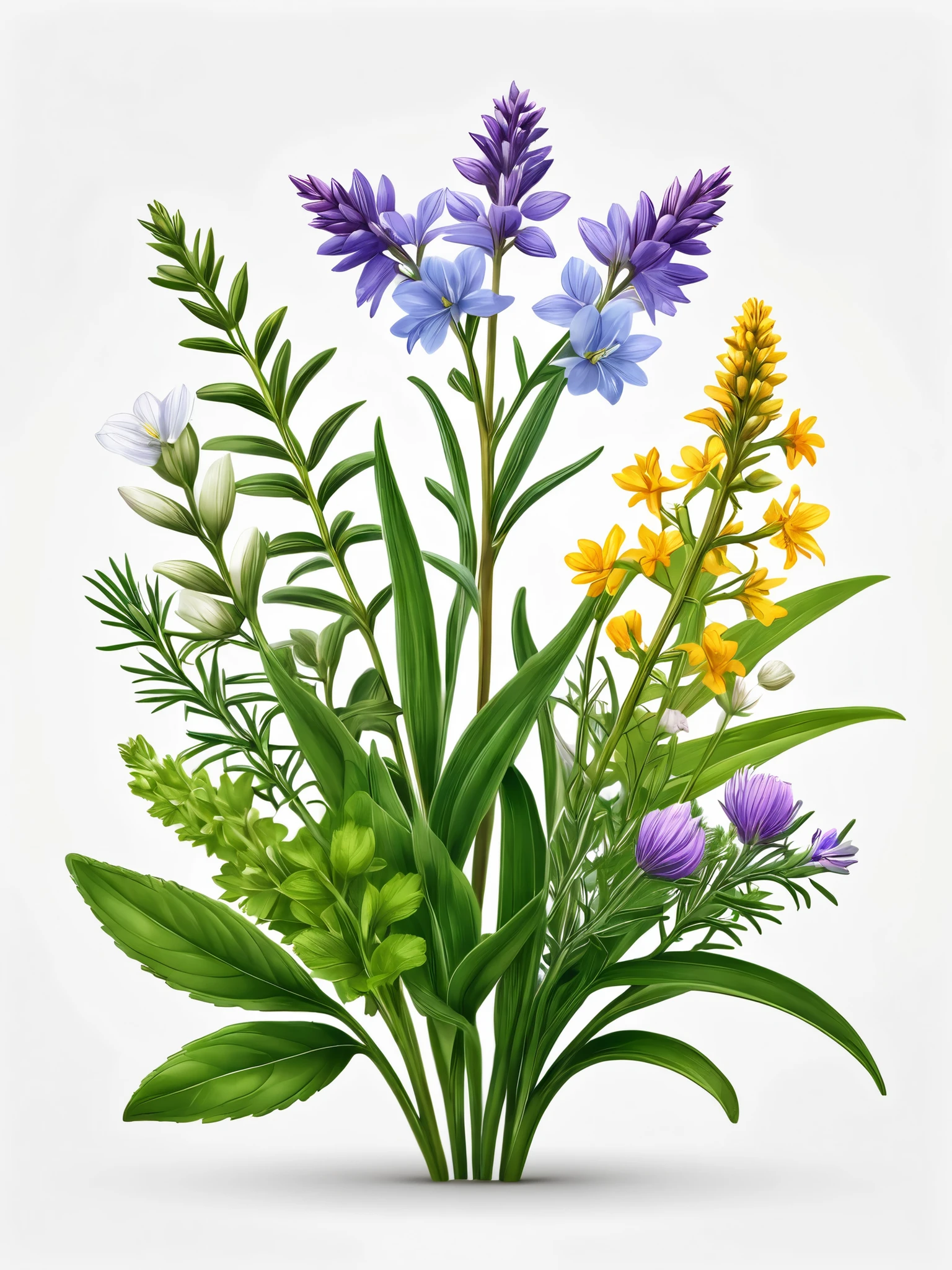 Holistic herbs and flowers, white background, vector logo, (best quality, masterpiece:1.2), ultra-detailed, (realistic, photo-realistic:1.37), highly detailed, intricate, elegant, graceful, minimal, clean, simple, photorealistic, digital art, 4k, 8k, highres