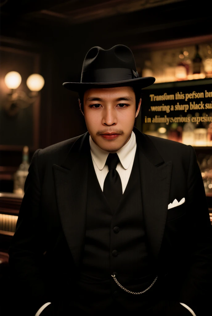 "Transform this person into a classic mafia boss, wearing a sharp black suit, fedora hat, serious expression, in a dimly lit 1920s speakeasy setting, cinematic lighting, hyper-realistic, style of The Godfather"