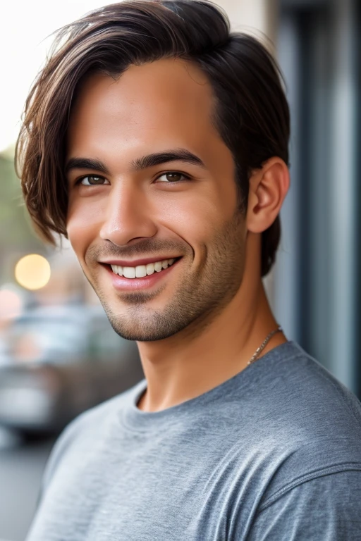 a beautiful Brazilian male model with stunning, (in classroom), ultra-realistic details, Smiling towards the camera, foto corporativa, Foto de plano medio, tres cuartos, cruzado los brazos, hermoso aspecto, Short Brown Messy Hair, ojos claros de miel, Sonrisa encantadora perfecta, Sexy Creado, Hombre caliente, insanamente bonito, Esa es la tendencia de ArtStation。Octane is the perfect tool to capture the smoothest details of this 16k photographic masterpiece。, Canon, Nikon, Sony FE, pov, multiple views, first-person view, HD, 4K