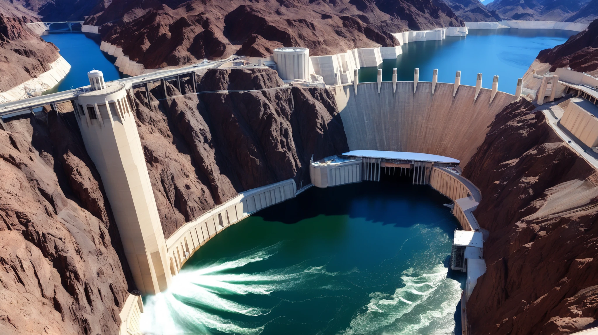 high-definition images、Nevada、Hoover Dam、Image taken from above、dam lake、Lake Maid was formed from stored water、Lake Maid's fish, jet ski, wait. you can、The exterior of the spectacular dam that dammed the Colorado River、
