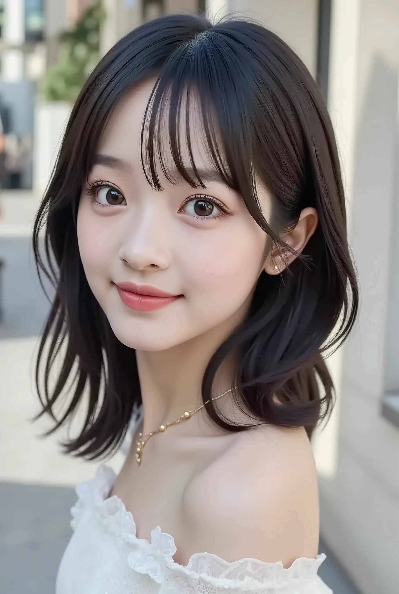 With high school girls：large double eyelids：mascara：Smile Yang：I'm wearing transparent white lace off-the-shoulder：