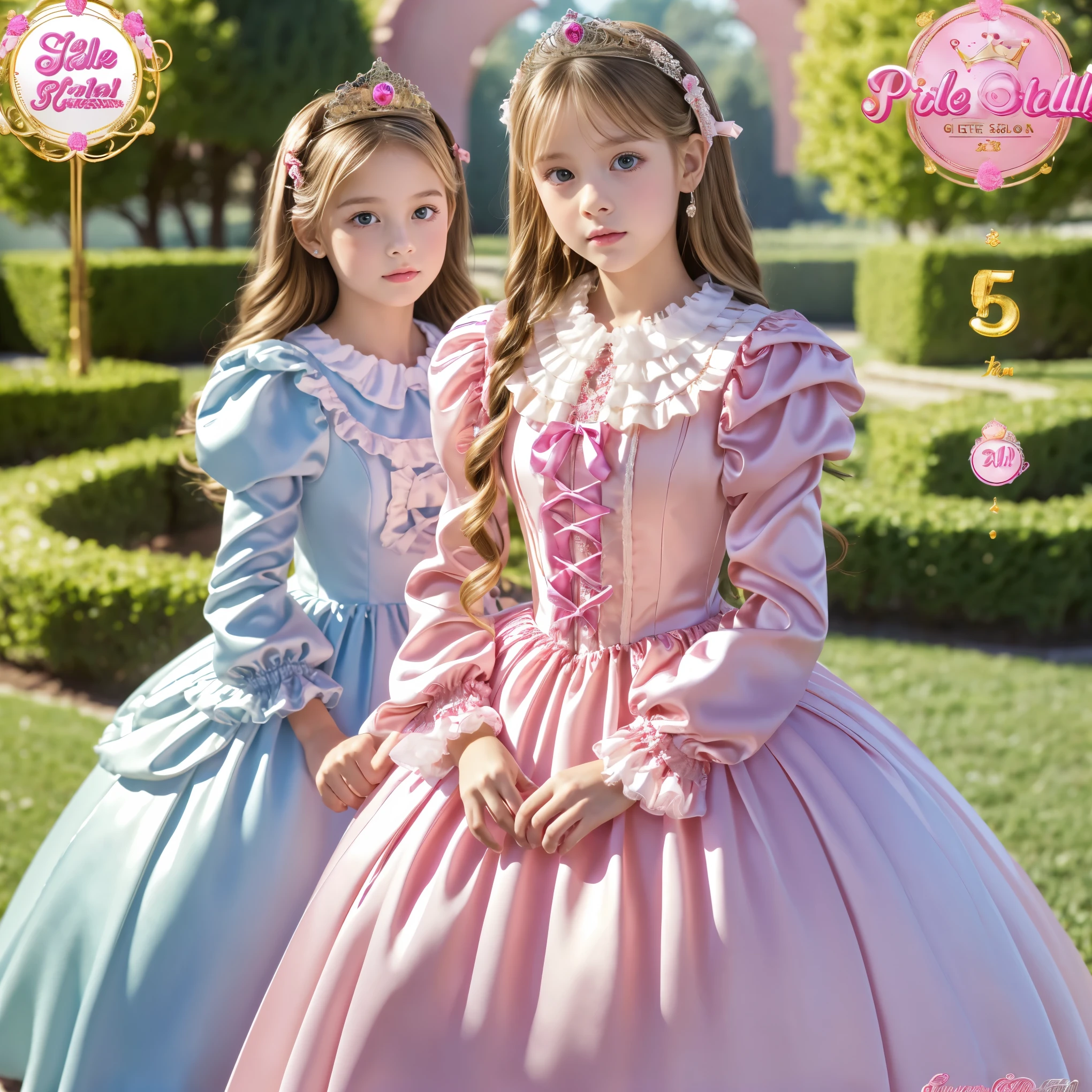 ,Highest Quality, masterpiece, highest resolution, art work, super それにget used to it, many get used to it, get used to it, それにget used to it, 3k photos,((10 year old girls:1.0)),super fine young face,The three are princesses,((long ball gown dress with hoop skirt:1.0)),ruffled yoke collar,puff sleeve,long sleeve,((Princess Satin Dress with Lolita Style Hot Pink Details with Lots of Ruffles and Ribbons)),rococo style lolita fashion,shiny satin dress,Soft Smooth Fabric,luxury,long blonde hair,blue eyes, WHITE SKINED EUROPEAN , High quality background ,