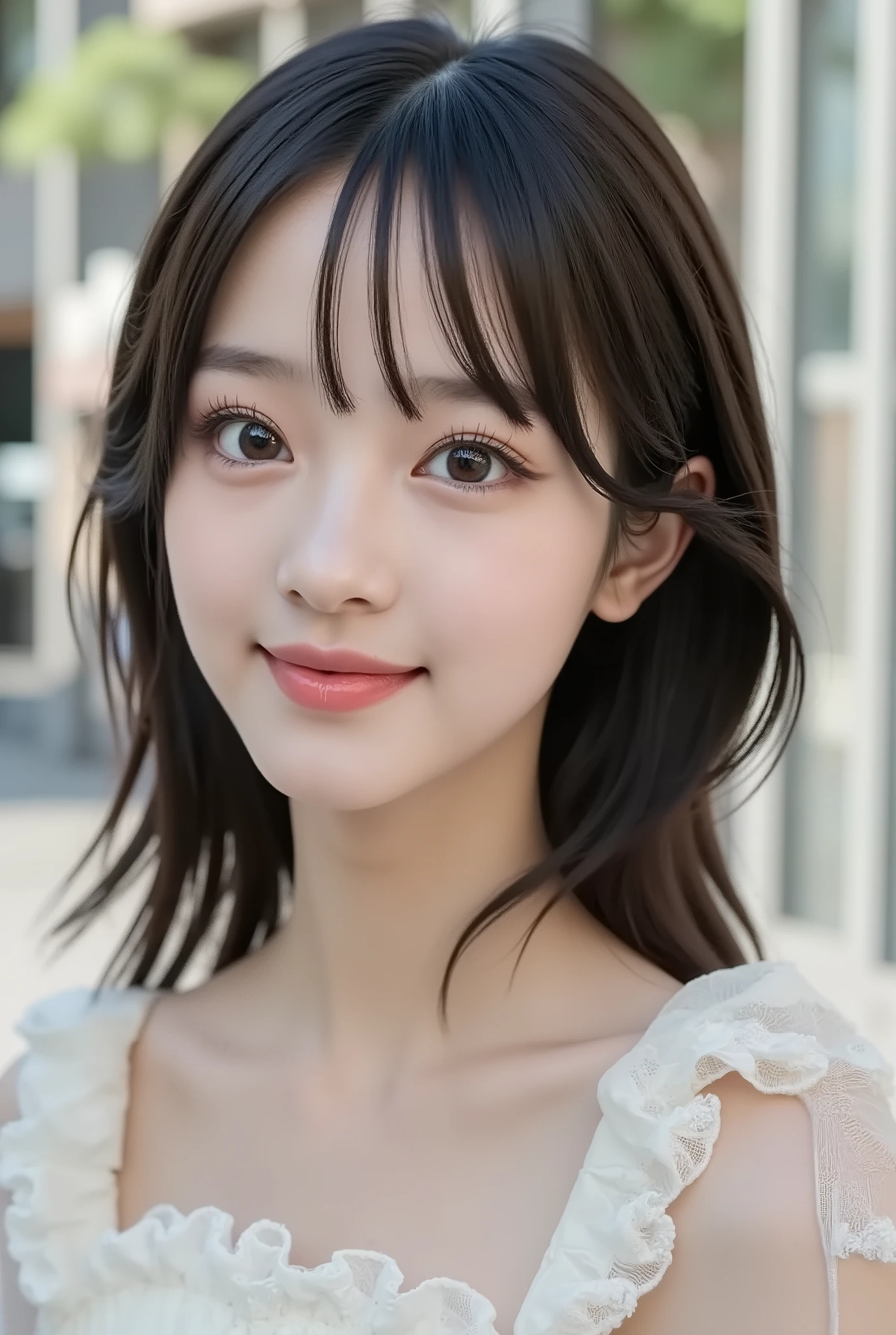 With high school girls：large double eyelids：mascara：Smile Yang：I'm wearing transparent white lace off-the-shoulder：