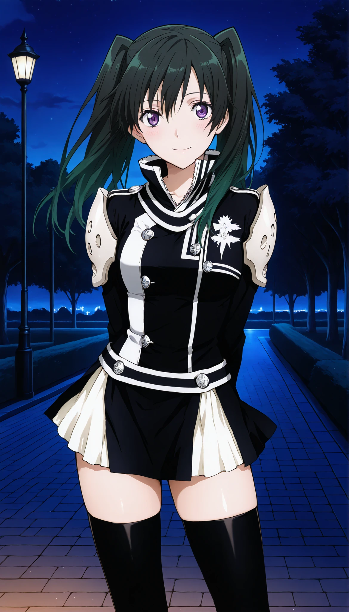 masterpiece,best quality,highres,ultra-detailed,masterpiece,detailed illustration,source_anime,1girl,aalee,long hair,green hair,black hair,twintails,purple eyes,shoulder armor,black jacket,long sleeves,black and white skirt,black skirt,black thighhighs,zettai ryouiki,night,park,dark,smile,blush,thigh focus,contrapposto,arms behind back,