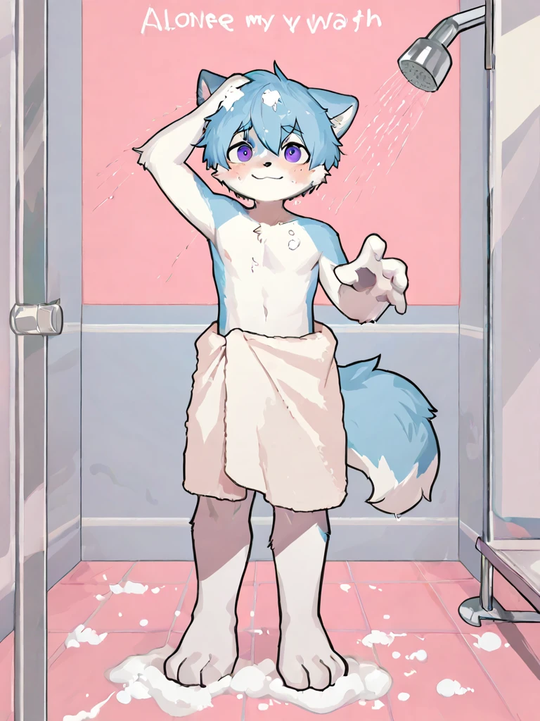 furry male cub, Hairy all over, furry tail, Covered in white hair, Lovely, blue eyes，shy，stare，bathroom，no clothes are worn，Wet with water，The legs are stained with white mucus