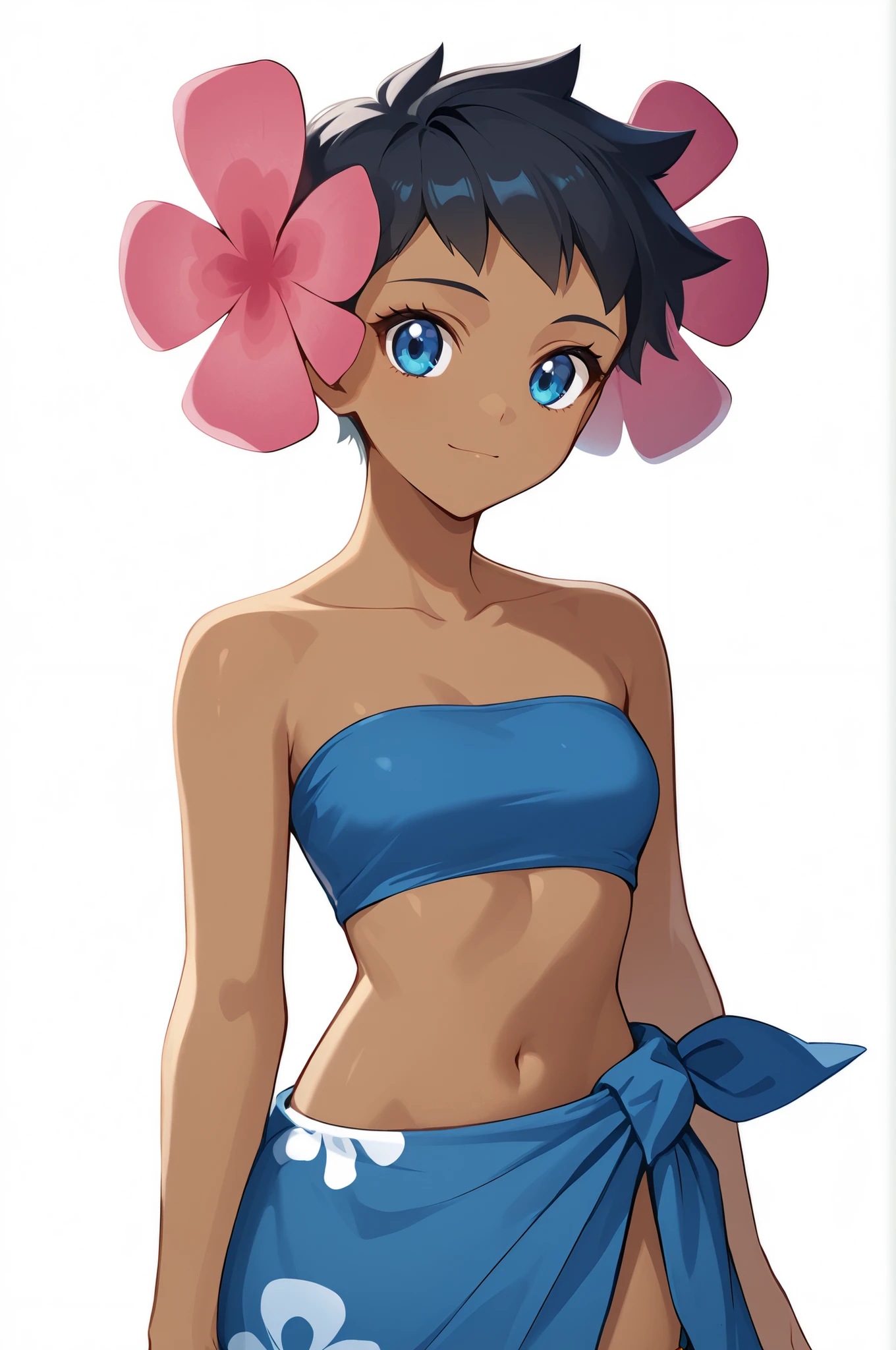 defPhoebe, black hair, blue eyes, dark skin, hair flower, pink flower, blue tube top, strapless, midriff, blue sarong, blue skirt, anklet, barefoot, white background