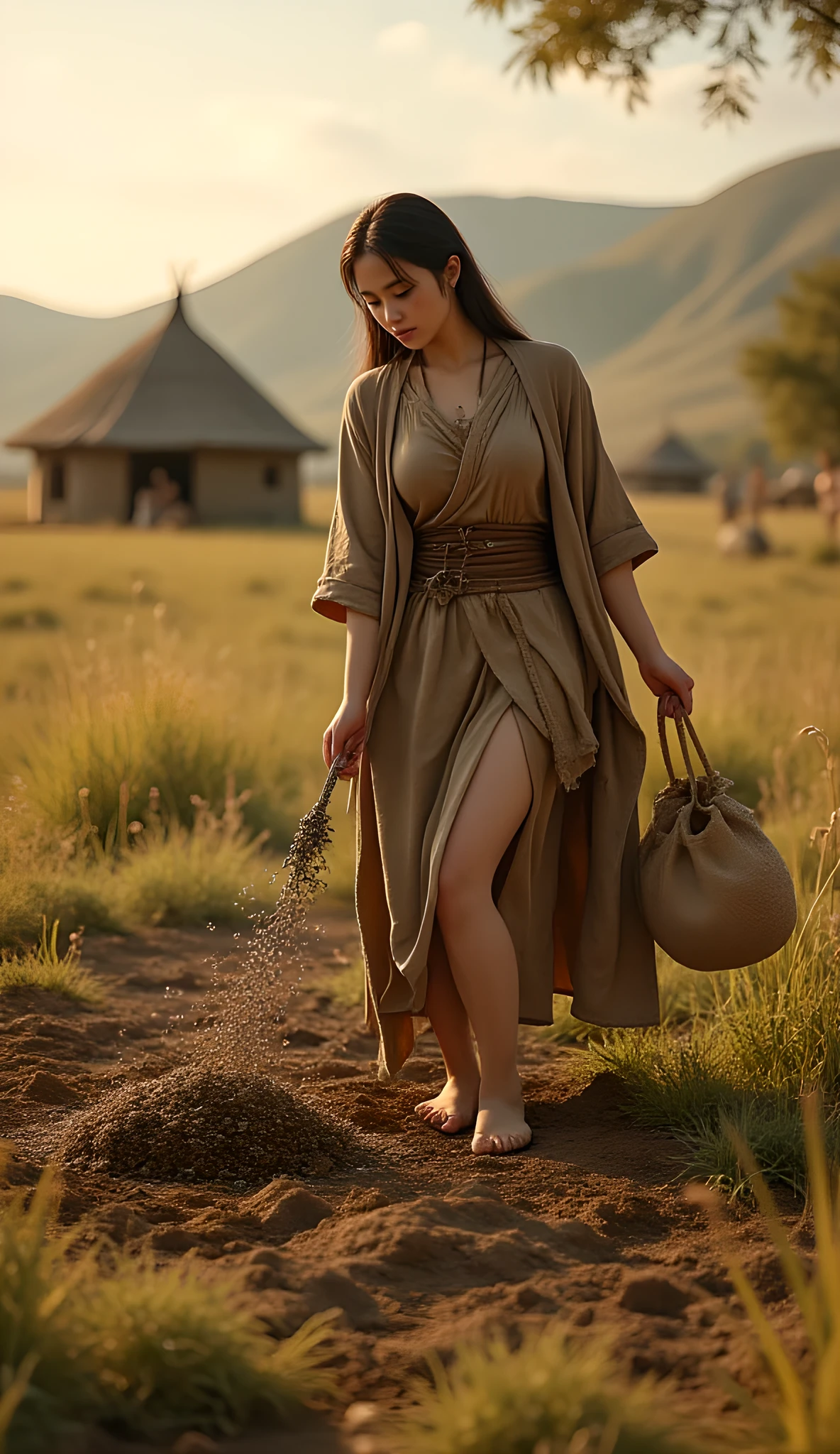 Ancient prehistoric age era, 
Stone age agriculture era, 

((Realistic cinematography ultra wide depth intense realistically ultra-detailed tile soil angle of scenery)),,the detailed of an Eurasian female farming spreading sack of seeds on a fertile soil,near her hut house on the background,,, (the cradle of agriculture),(farmers community),((farmers tribe)),wearing fully coverage long fur primitively fabric long tunic and long coat primitive wardrobe kimono dress,,,(perfectly depth symmetrically curvy, and busty body shapely),(cinematic dynamically camera widely angle scenery:accurately depicted:1.3),the lively prehistoric savana depicting scenery,afternoon,realistically full depth,(cinematography dynamic angle|hyperrealistic:realistic scenery:3d texture over the scenery),autumn season,best videography angle,hdr,golden hour, (cinematography vibe),primitive wardrobe,(dynamic image composition),(octane 3d rendering|50mm lens shot:1.3),(lifelike skin texture:lifelike hairs:realism),(best rule of third photography composition),(best image aperture),(full details depth of field),(best shutter speed),(RAW photo image),(photorealistic|photorealism:hyperrealism style),(realistic depth 3d:cgi:1.3),(trending on cgsociety:devianart:unreal engine 5),,(best photography:national Geographic style), solarPunkAi and greenPunkAi artwork, digital art,best lighting concept,(realistic intricately fixed truly fully human's anatomy body+hands+and+fingers anatomical),natural motion,inspired by farcry5 game artwork.