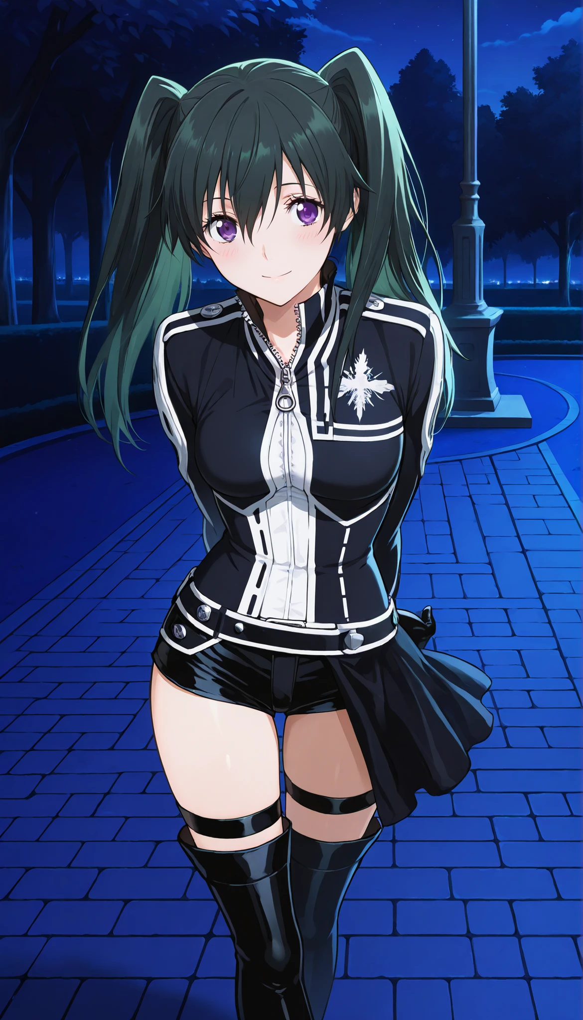 masterpiece,best quality,highres,ultra-detailed,masterpiece,detailed illustration,source_anime,1girl,bblee, long hair, green hair, black hair, twintails, purple eyes, , white shirt, black jacket, wide sleeves, long sleeves, black gloves, zipper pull tab, belt, short shorts, black shorts, thigh strap, thigh boots,zettai ryouiki,night,park,dark,smile,blush,thigh focus,contrapposto,arms behind back,