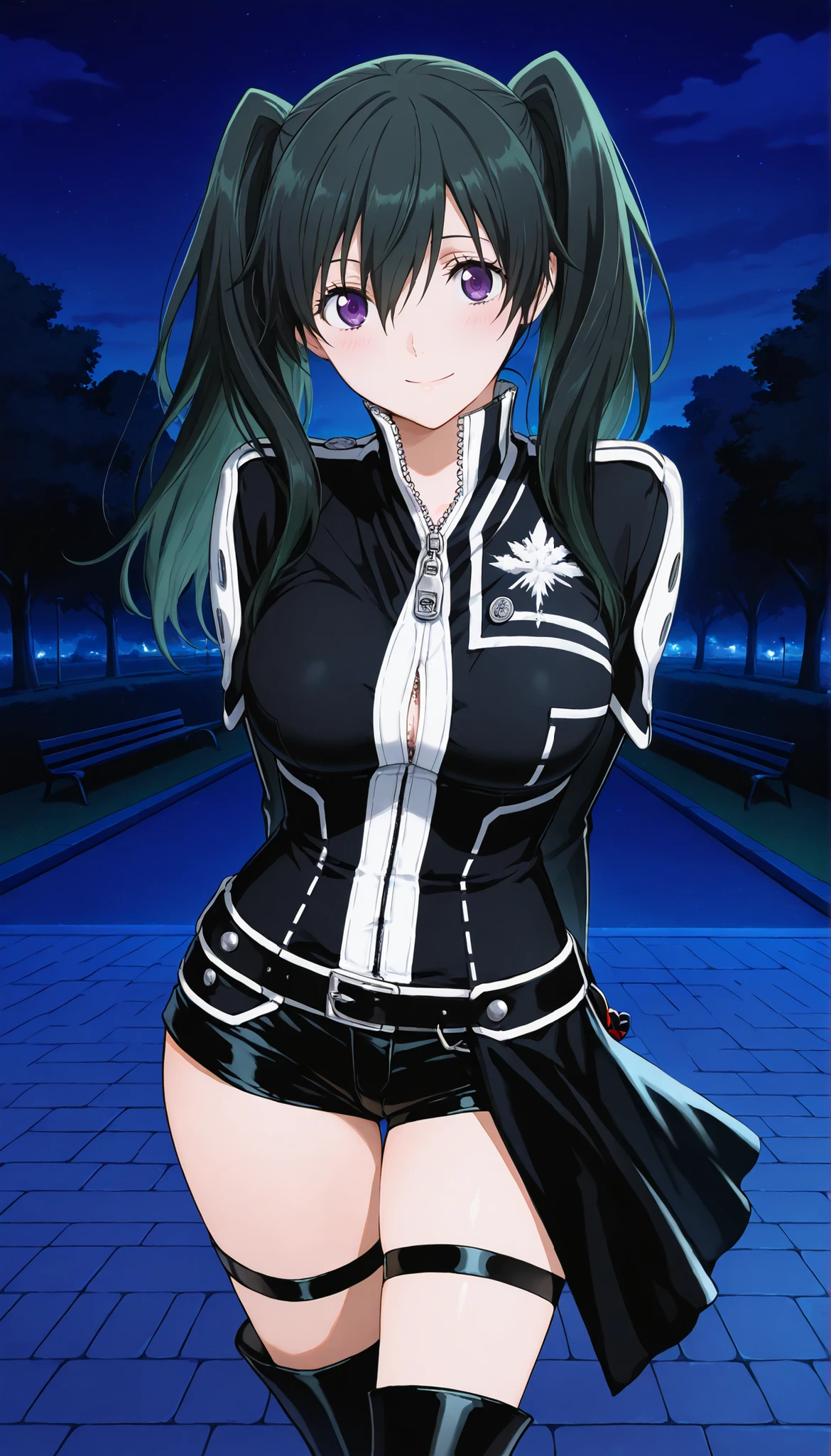 masterpiece,best quality,highres,ultra-detailed,masterpiece,detailed illustration,source_anime,1girl,bblee, long hair, green hair, black hair, twintails, purple eyes,big , white shirt, black jacket, wide sleeves, long sleeves, black gloves, zipper pull tab, belt, short shorts, black shorts, thigh strap, thigh boots,zettai ryouiki,night,park,dark,smile,blush,thigh focus,contrapposto,arms behind back,