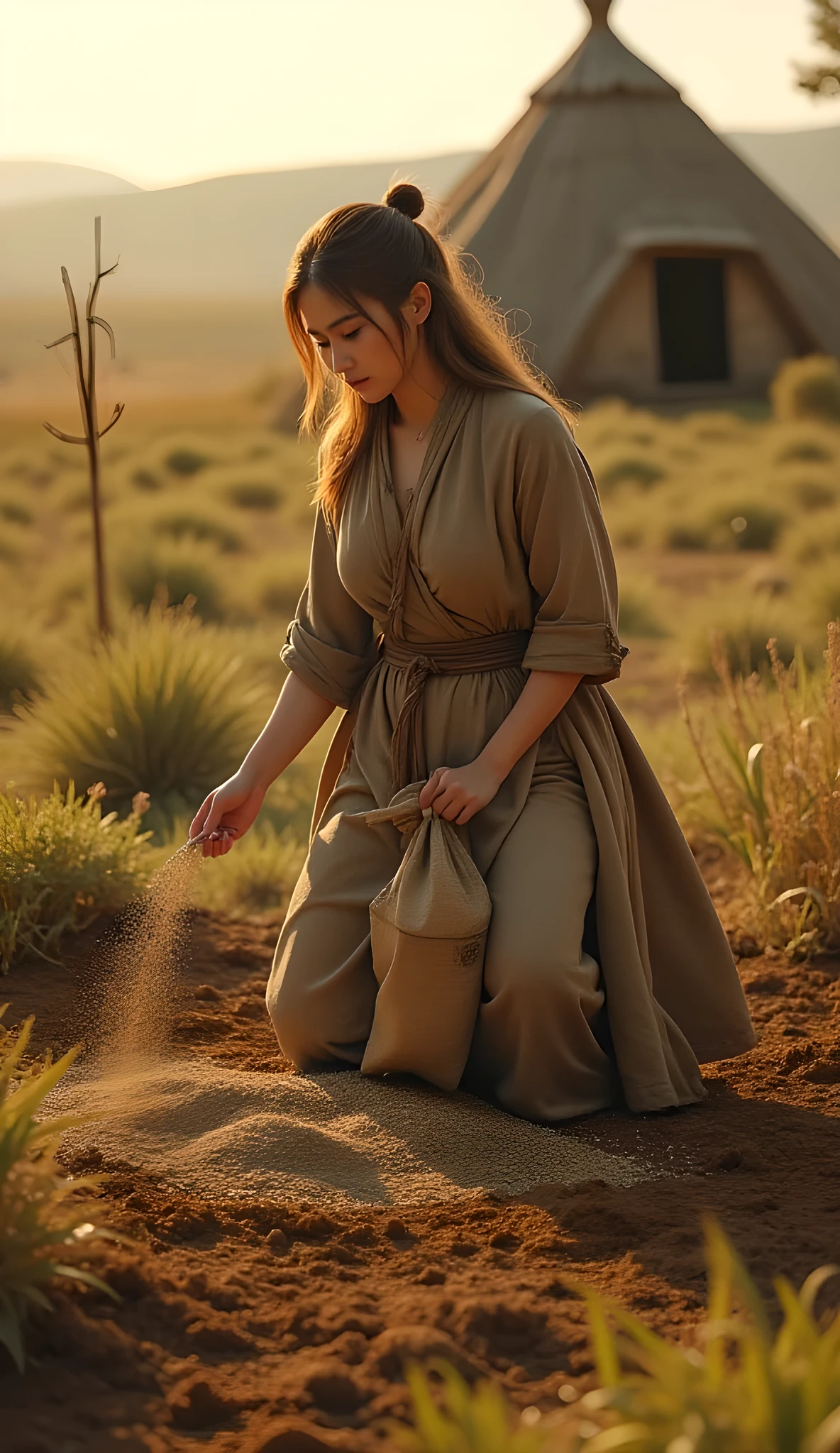 Ancient prehistoric age era, 
Stone age agriculture era, 

((Realistic cinematography ultra wide depth intense realistically ultra-detailed tile soil angle of scenery)),,the detailed of an Eurasian female farming spreading sack of seeds on a fertile soil,near her hut house on the background,,, (the cradle of agriculture),(farmers community),((farmers tribe)),wearing fully coverage long fur primitively fabric long tunic and long coat primitive wardrobe kimono dress,,,(perfectly depth symmetrically curvy, and busty body shapely),(cinematic dynamically camera widely angle scenery:accurately depicted:1.3),the lively prehistoric savana depicting scenery,afternoon,realistically full depth,(cinematography dynamic angle|hyperrealistic:realistic scenery:3d texture over the scenery),autumn season,best videography angle,hdr,golden hour, (cinematography vibe),primitive wardrobe,(dynamic image composition),(octane 3d rendering|50mm lens shot:1.3),(lifelike skin texture:lifelike hairs:realism),(best rule of third photography composition),(best image aperture),(full details depth of field),(best shutter speed),(RAW photo image),(photorealistic|photorealism:hyperrealism style),(realistic depth 3d:cgi:1.3),(trending on cgsociety:devianart:unreal engine 5),,(best photography:national Geographic style), solarPunkAi and greenPunkAi artwork, digital art,best lighting concept,(realistic intricately fixed truly fully human's anatomy body+hands+and+fingers anatomical),natural motion,inspired by farcry5 game artwork.