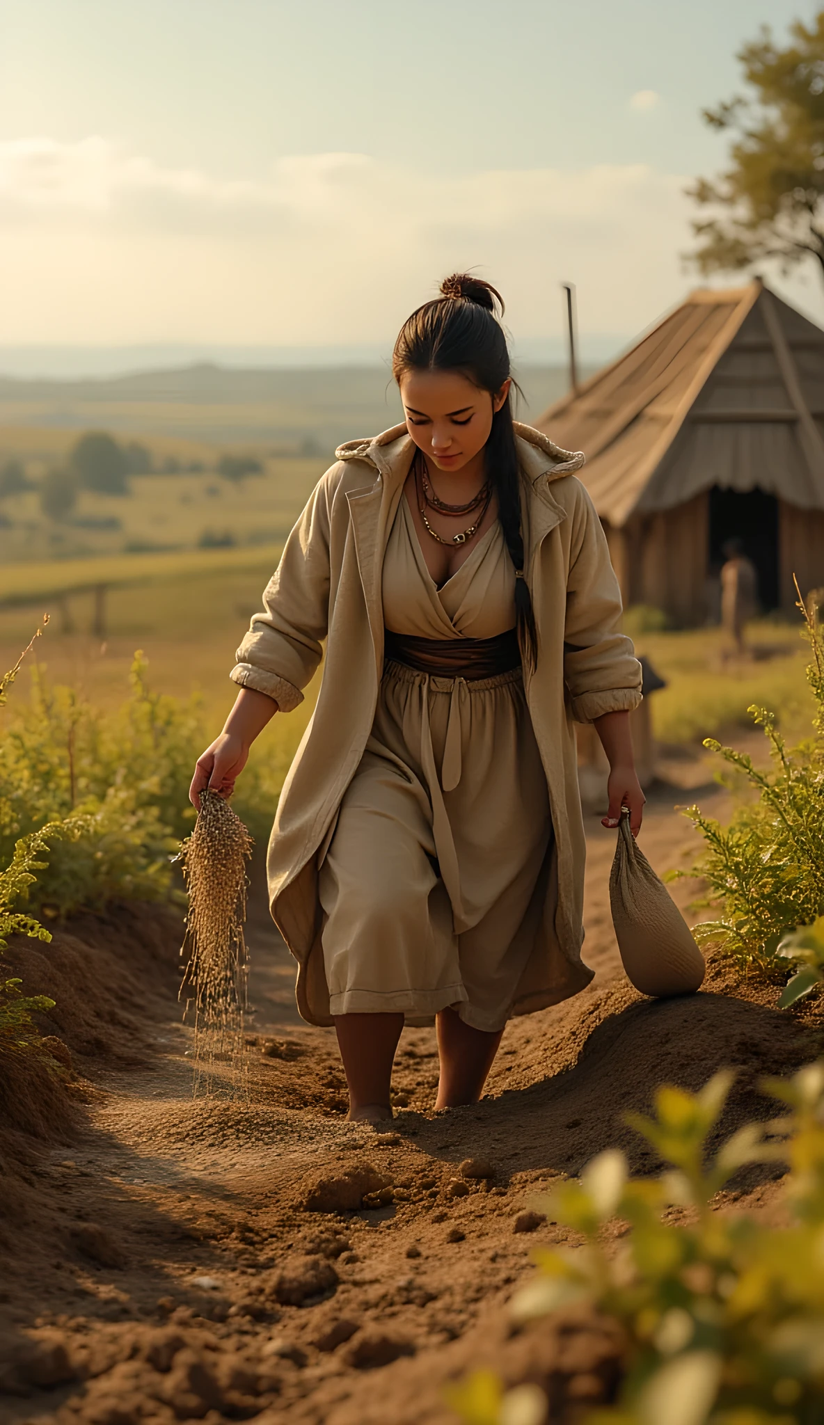 Ancient prehistoric age era, 
Stone age agriculture era, 

((Realistic cinematography ultra wide depth intense realistically ultra-detailed tile soil angle of scenery)),,the detailed of an Eurasian female farming spreading sack of seeds on a fertile soil,near her hut house on the background,,, (the cradle of agriculture),(farmers community),((farmers tribe)),wearing fully coverage long fur primitively fabric long tunic and long coat primitive wardrobe kimono dress,,,(perfectly depth symmetrically curvy, and busty body shapely),(cinematic dynamically camera widely angle scenery:accurately depicted:1.3),the lively prehistoric savana depicting scenery,afternoon,realistically full depth,(cinematography dynamic angle|hyperrealistic:realistic scenery:3d texture over the scenery),autumn season,best videography angle,hdr,golden hour, (cinematography vibe),primitive wardrobe,(dynamic image composition),(octane 3d rendering|50mm lens shot:1.3),(lifelike skin texture:lifelike hairs:realism),(best rule of third photography composition),(best image aperture),(full details depth of field),(best shutter speed),(RAW photo image),(photorealistic|photorealism:hyperrealism style),(realistic depth 3d:cgi:1.3),(trending on cgsociety:devianart:unreal engine 5),,(best photography:national Geographic style), solarPunkAi and greenPunkAi artwork, digital art,best lighting concept,(realistic intricately fixed truly fully human's anatomy body+hands+and+fingers anatomical),natural motion,inspired by farcry5 game artwork.