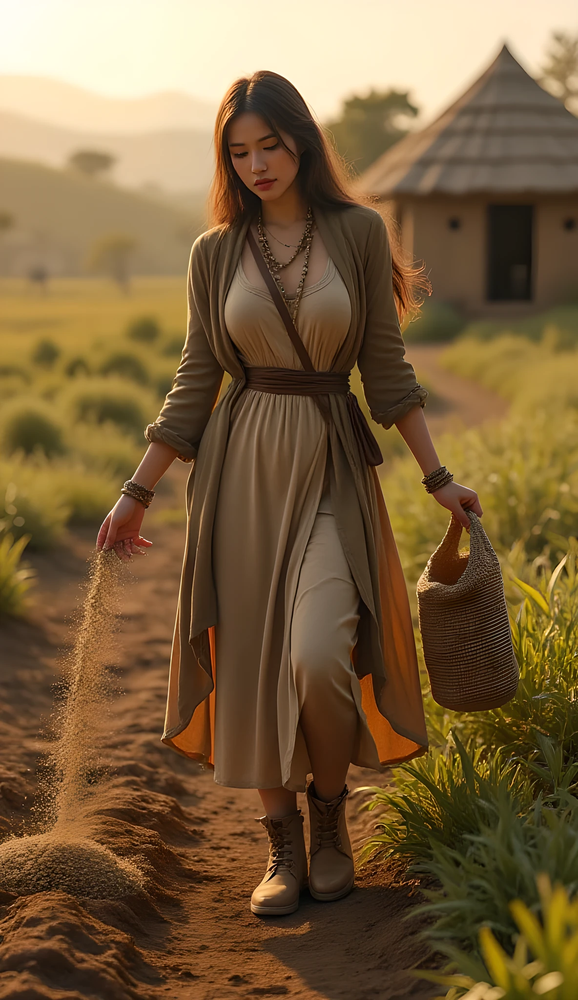 Ancient prehistoric age era, 
Stone age agriculture era, 

((Realistic cinematography ultra wide depth intense realistically ultra-detailed tile soil angle of scenery)),,the detailed of an Eurasian female farming spreading sack of seeds on a fertile soil,near her hut house on the background,,, (the cradle of agriculture),(farmers community),((farmers tribe)),wearing fully coverage long fur primitively fabric long tunic and long coat primitive wardrobe kimono dress,,,(perfectly depth symmetrically curvy, and busty body shapely),(cinematic dynamically camera widely angle scenery:accurately depicted:1.3),the lively prehistoric savana depicting scenery,afternoon,realistically full depth,(cinematography dynamic angle|hyperrealistic:realistic scenery:3d texture over the scenery),autumn season,best videography angle,hdr,golden hour, (cinematography vibe),primitive wardrobe,(dynamic image composition),(octane 3d rendering|50mm lens shot:1.3),(lifelike skin texture:lifelike hairs:realism),(best rule of third photography composition),(best image aperture),(full details depth of field),(best shutter speed),(RAW photo image),(photorealistic|photorealism:hyperrealism style),(realistic depth 3d:cgi:1.3),(trending on cgsociety:devianart:unreal engine 5),,(best photography:national Geographic style), solarPunkAi and greenPunkAi artwork, digital art,best lighting concept,(realistic intricately fixed truly fully human's anatomy body+hands+and+fingers anatomical),natural motion,inspired by farcry5 game artwork.