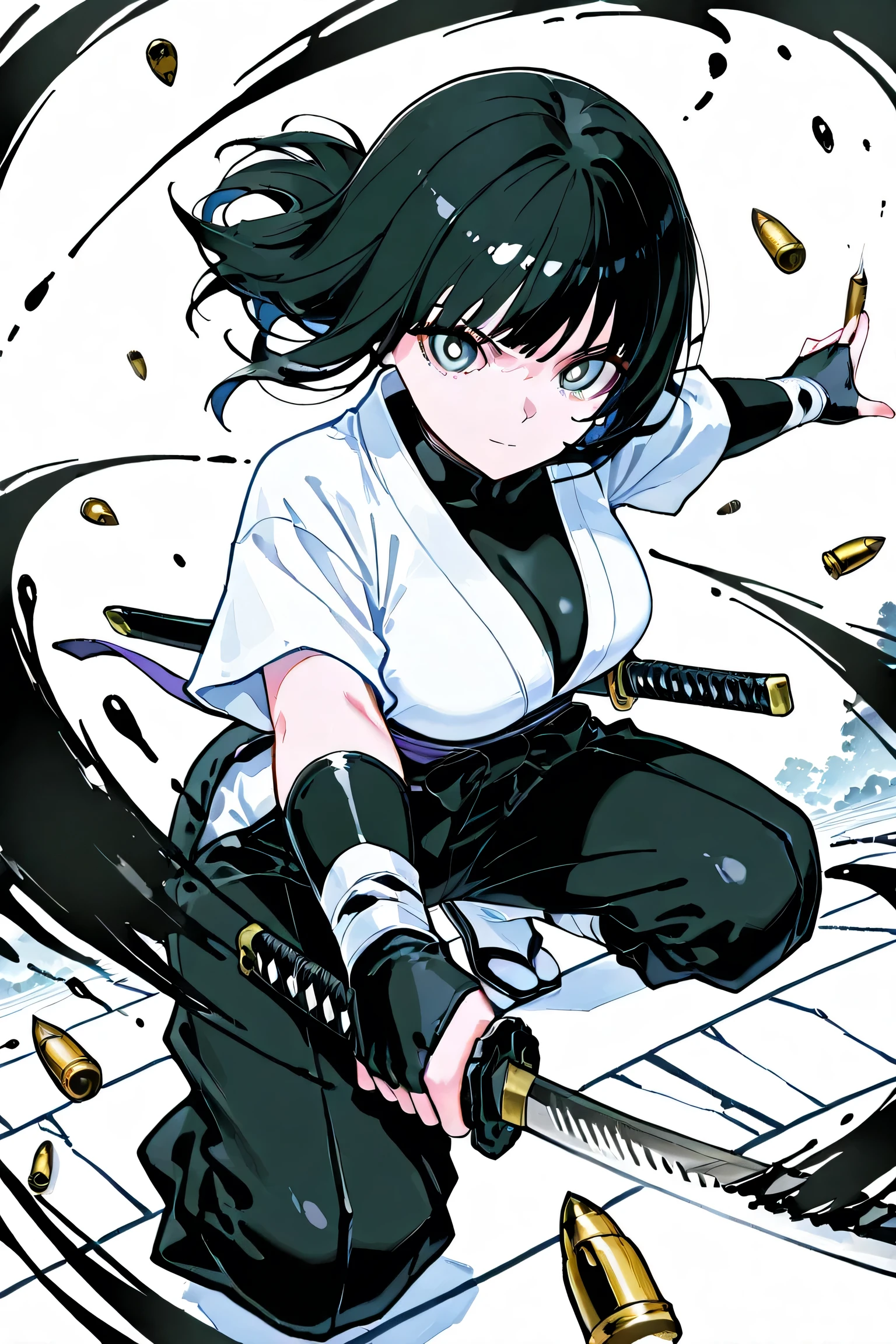 1girl,ink painting,sumi-e \(painting\),samurai, holding a sword, equipped with a scabbard at the waist, cutting bullets, cutting bullets with a sword, bullets cut in half, dynamic scene,Dynamic,Stylish,((Bullet Time Dodge))
,BREAK masterpiece,best quality,aiu,perfect composition,perfect anatomy,good hands,detailed face,cute face