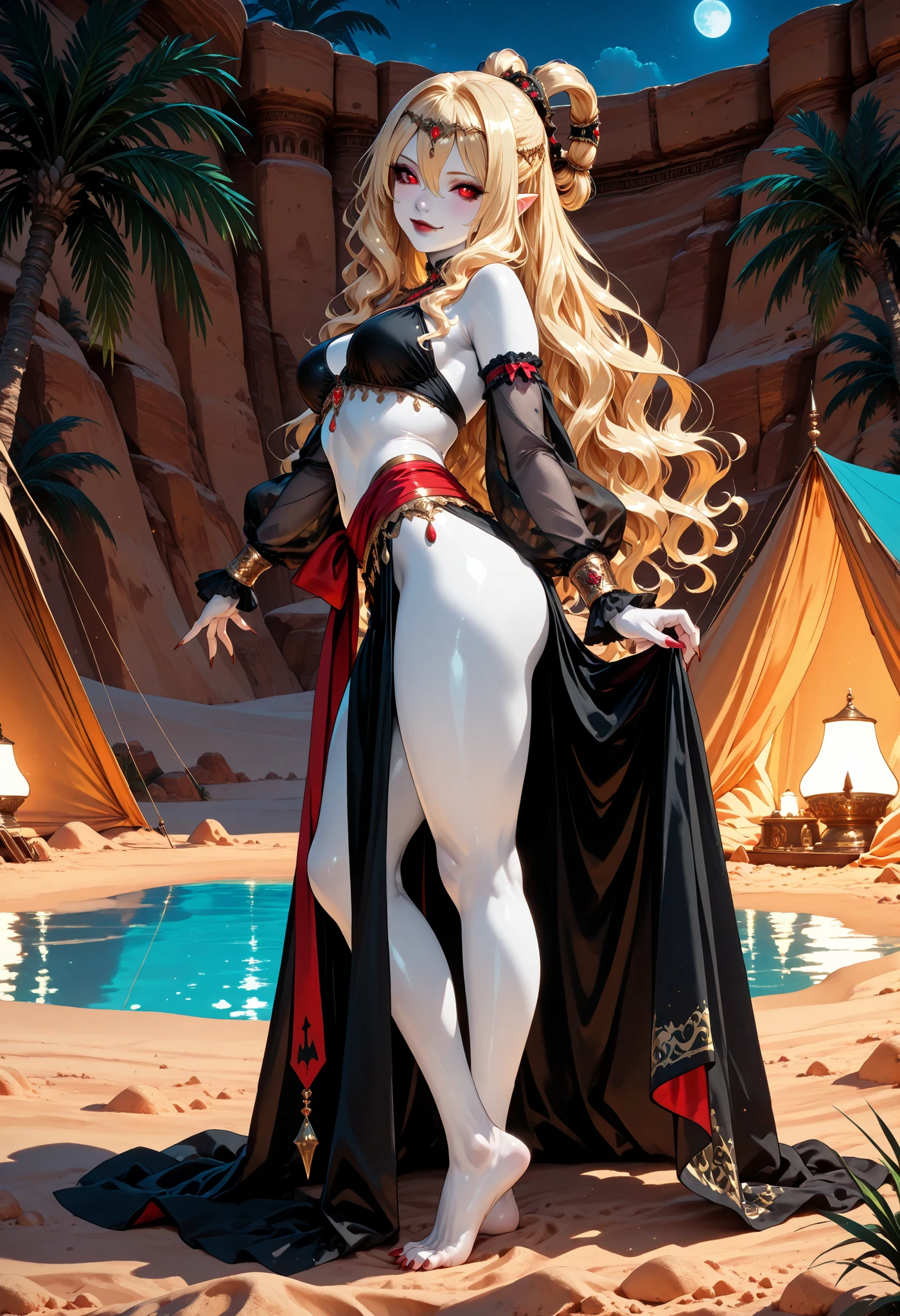 Very High resolution,cute anime-style,masterpiece,best quality,amazing quality,hyper-detailed,very aesthetic,Solo,from side,Desert at night,Oasis,Simple tent,A crimson moon reflected on the water's surface,A female vampire dancing quietly,Curvy,(white skin:1.3),Blonde hair,Wavy hair,Long hair,Hair rings,Multi-tied hair,Hair between eyes,A circlet with black cloth,Downcast eyes,Crimson eyes,Sidelong glance,(Vampire fangs protruding from between her lips:1.3),Dark red lipstick,Closed mouth,A lonely smile,An Arabian-style dancer's black costume,See-through sleeves,(Long and pointed nails:1.2),Red nail polish,A crimson sash,Beautiful legs,Bare feet,(Long and pointed Toenails:1.2),Red Toenails polish