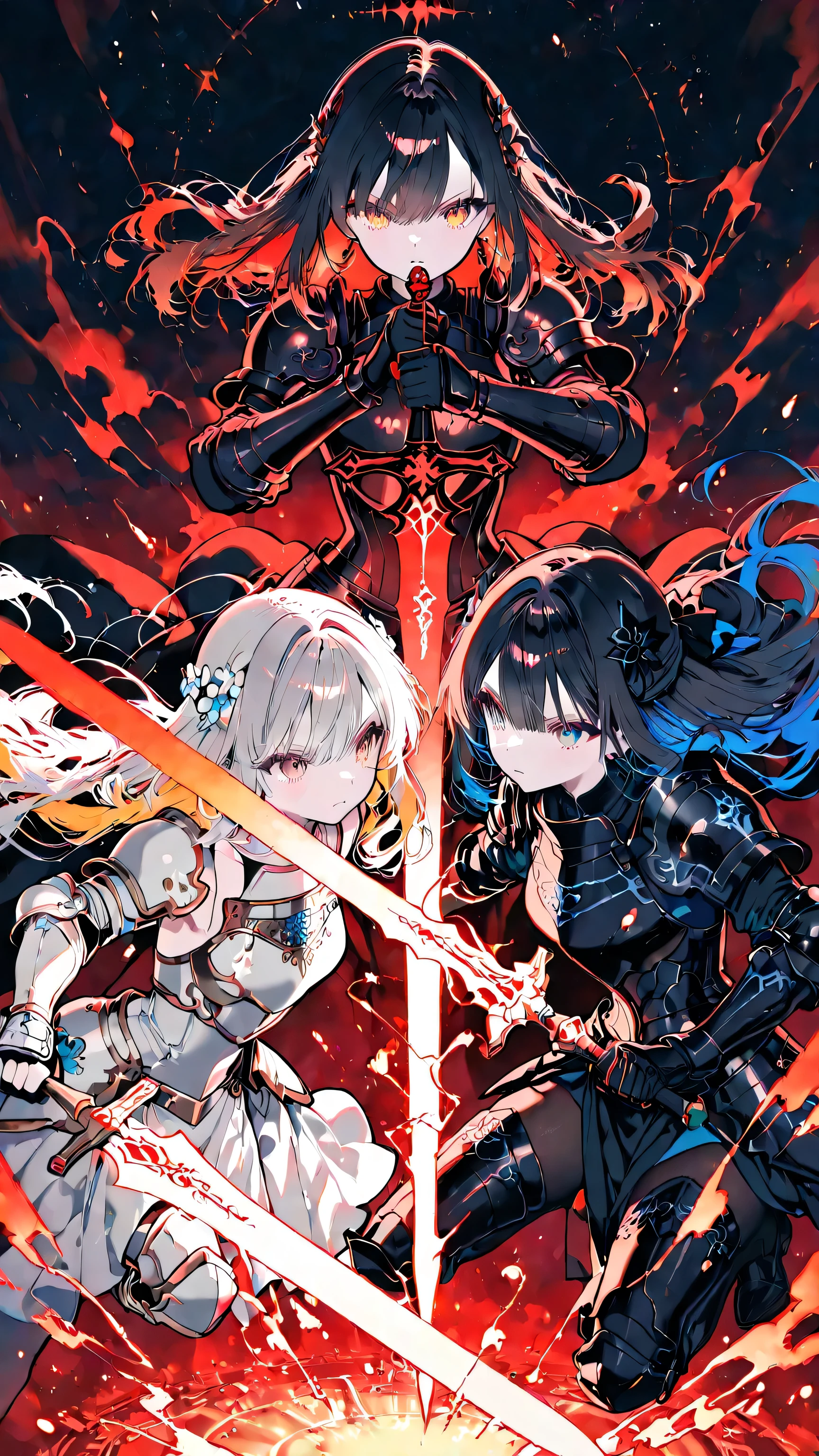2girls, a cinematic animation-style illustration in Mochizuki Kei style, featuring clean and refined shading. Two goddesses locked in an intense clash: the goddess of light in white armor pressing her glowing sword against the blade of the goddess of darkness in black armor, who counters with her dark sword, dynamic and powerful poses conveying anger and tension at their swords’ clash. Background: dramatic, stylized environment with swirling skies and strong contrast of light and shadow, subtle gradients and soft lighting to emphasize the epic confrontation, with a limited sophisticated palette.
