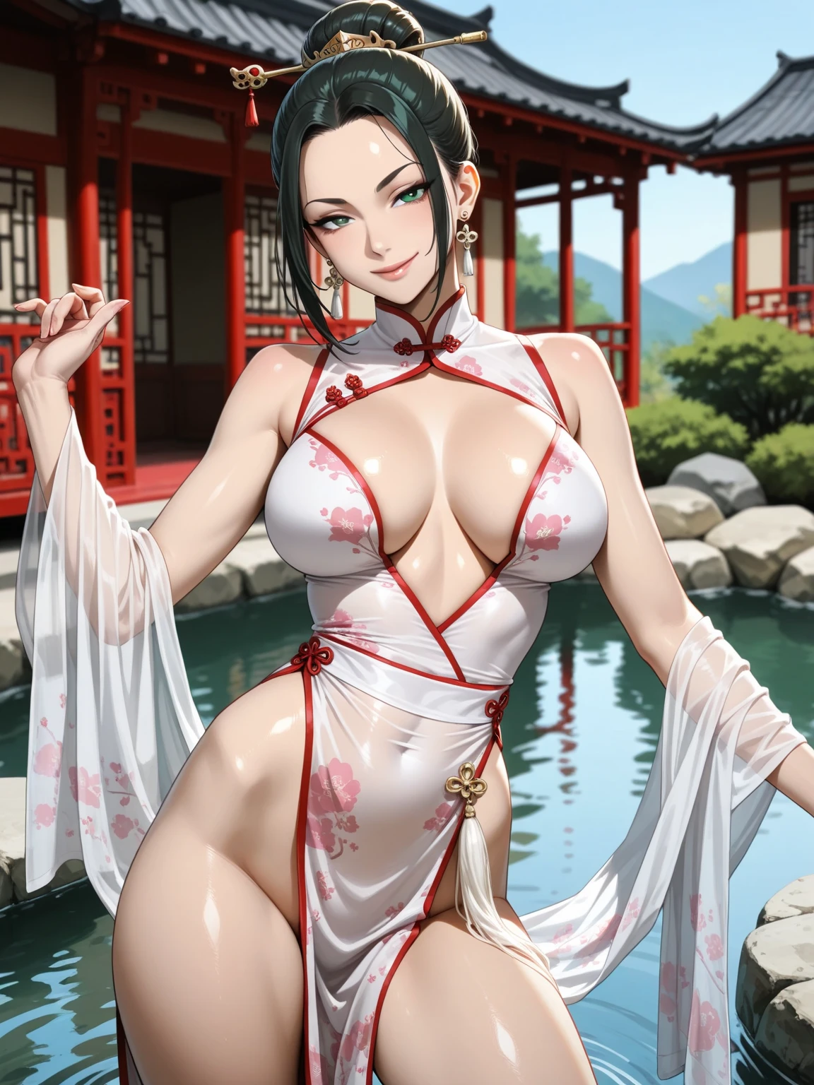 Period drama manga style　A 15-year-old super beautiful Chinese girl with black hair in a bun cut(1 person)　She is wearing a royal long-sleeved Chinese dress　She takes a bath with the perverted old man emperor　She cries as she is washed　She has visible 