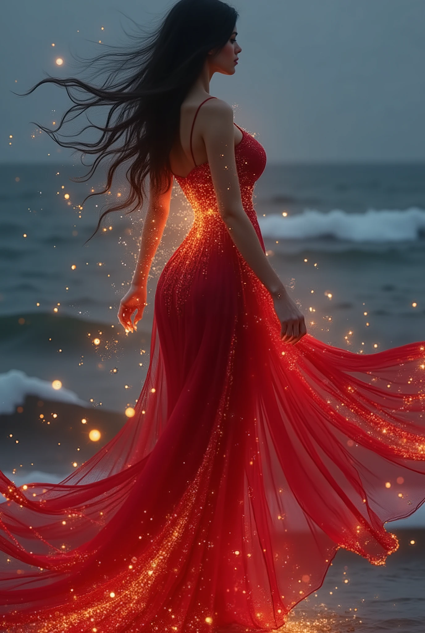 A digital fantasy goth art piece of a woman in a flowing blood-red dress standing on a misty ocean shore at dusk. The dress is ethereal and billows dramatically in the wind, with sparkles and glowing particles embedded within the fabric. Her long black hair flows freely in the wind, illuminated from within by a fire golden glow. The background features a deep blue ocean with gentle waves and a moody, atmospheric sky. The dress has a fitted bodice and a full-length skirt that spreads out like a wave on the water. The lighting creates a mystical, ethereal atmosphere with warm golden highlights contrasting against the cool blue tones of the ocean. The composition is centered on the figure, who stands in a graceful pose with her body turned slightly to the side. The overall image has a dreamlike quality with magical particles and sparkles floating in the air around the dress.
