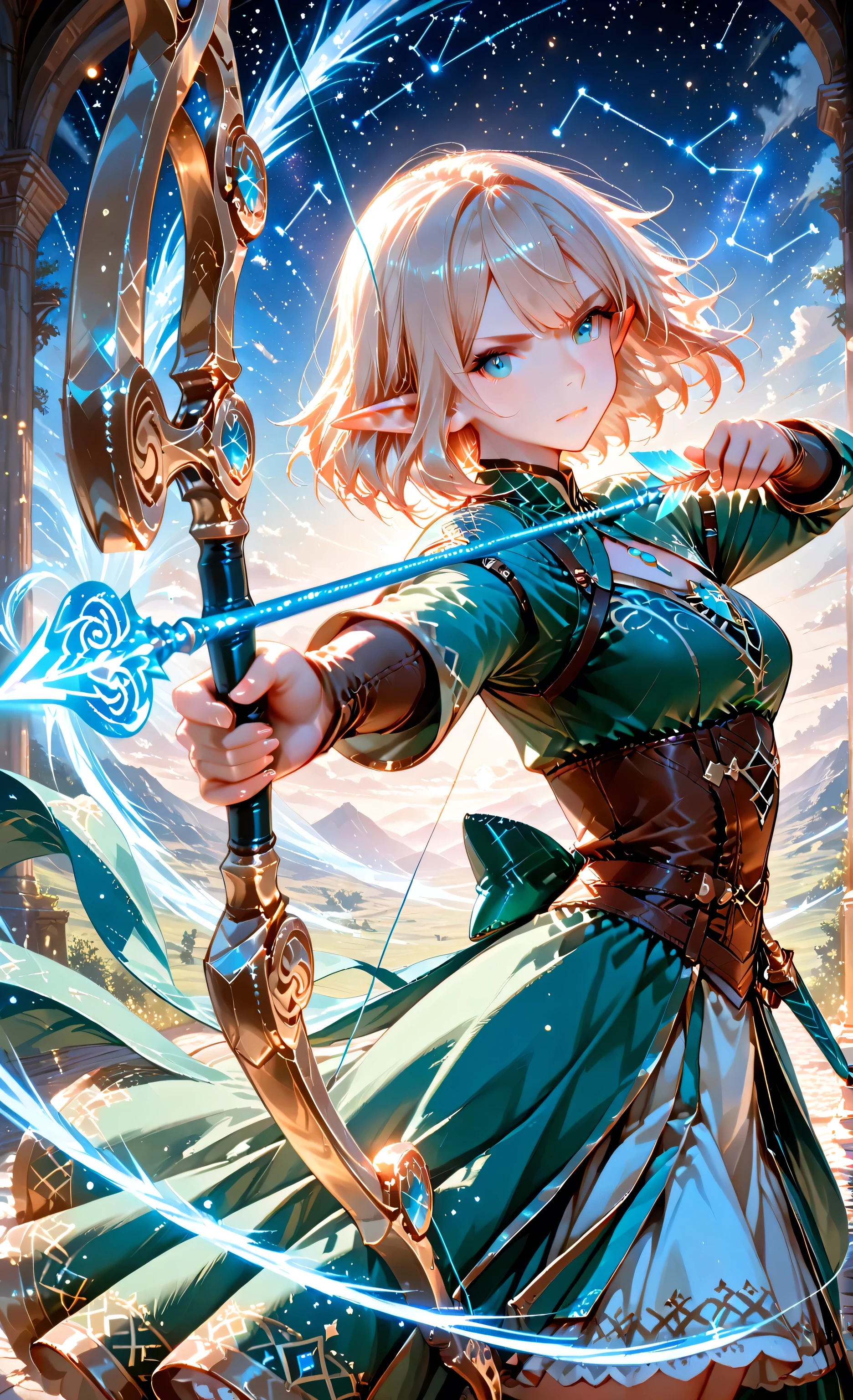 (masterpiece:1.3,8k:1.3,Highest Quality:1.3,detail:1.3,high resolution:1.3,Digital Painting,ultra detailed), 3/4 viewer, 1 girl, (detailed eyes:1.2), gijinka Sagittarius constellation, elf-like cute girl (holding long bow:1.3), magical arrow with radiant light , (glowing arrow tip:1 . 3) , particle trails following the arrow , wind swirl effect around the bowstring , spark particles , cinematic perspective , tension in the arms , green huntress outfit, Sagittarius constellation glowing behind her, fantasy starlight, motion blur around the arrow trajectory , highly detailed , sharp focus