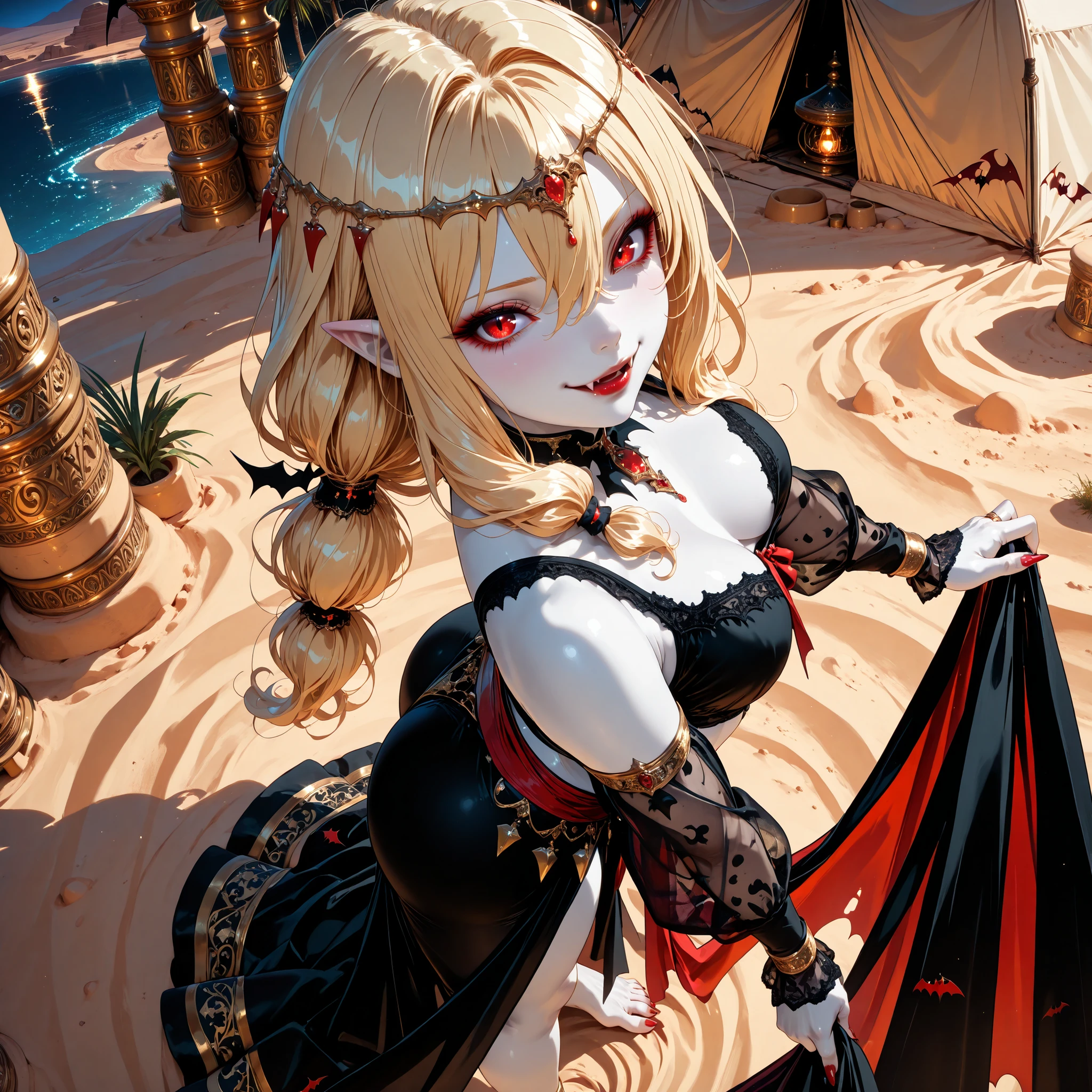 Very High resolution,cute anime-style,masterpiece,best quality,amazing quality,hyper-detailed,very aesthetic,Solo,from side,from above,closeup shot,Desert at night,Oasis,Simple tent,A crimson moon reflected on the water's surface,A female vampire dancing quietly,Curvy,(white skin:1.3),Blonde hair,Wavy hair,Long hair,Hair rings,Multi-tied hair,Hair between eyes,A circlet with black cloth,Downcast eyes,Crimson eyes,Sidelong glance,(Vampire fangs protruding from between her lips:1.3),Dark red lipstick,A lonely smile,An Arabian-style dancer's black costume,See-through sleeves,(Long and pointed nails:1.2),Red nail polish,A crimson sash,Beautiful legs,Bare feet,(Long and pointed Toenails:1.2),Red Toenails polish